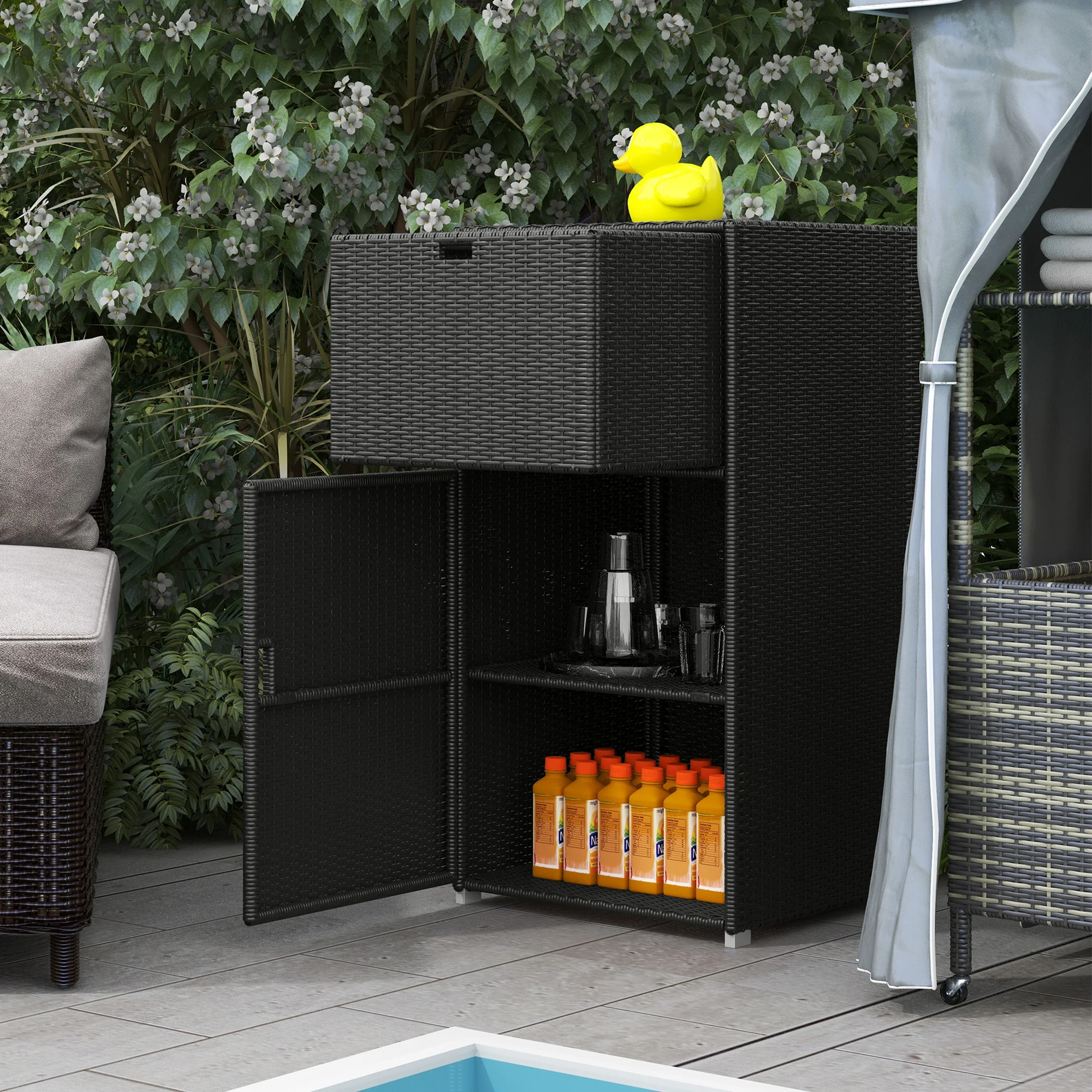 Outdoor Storage Cabinet, Waterproof PE Rattan Wicker Storage with Basket Drawer, Dark Brown - Image 11