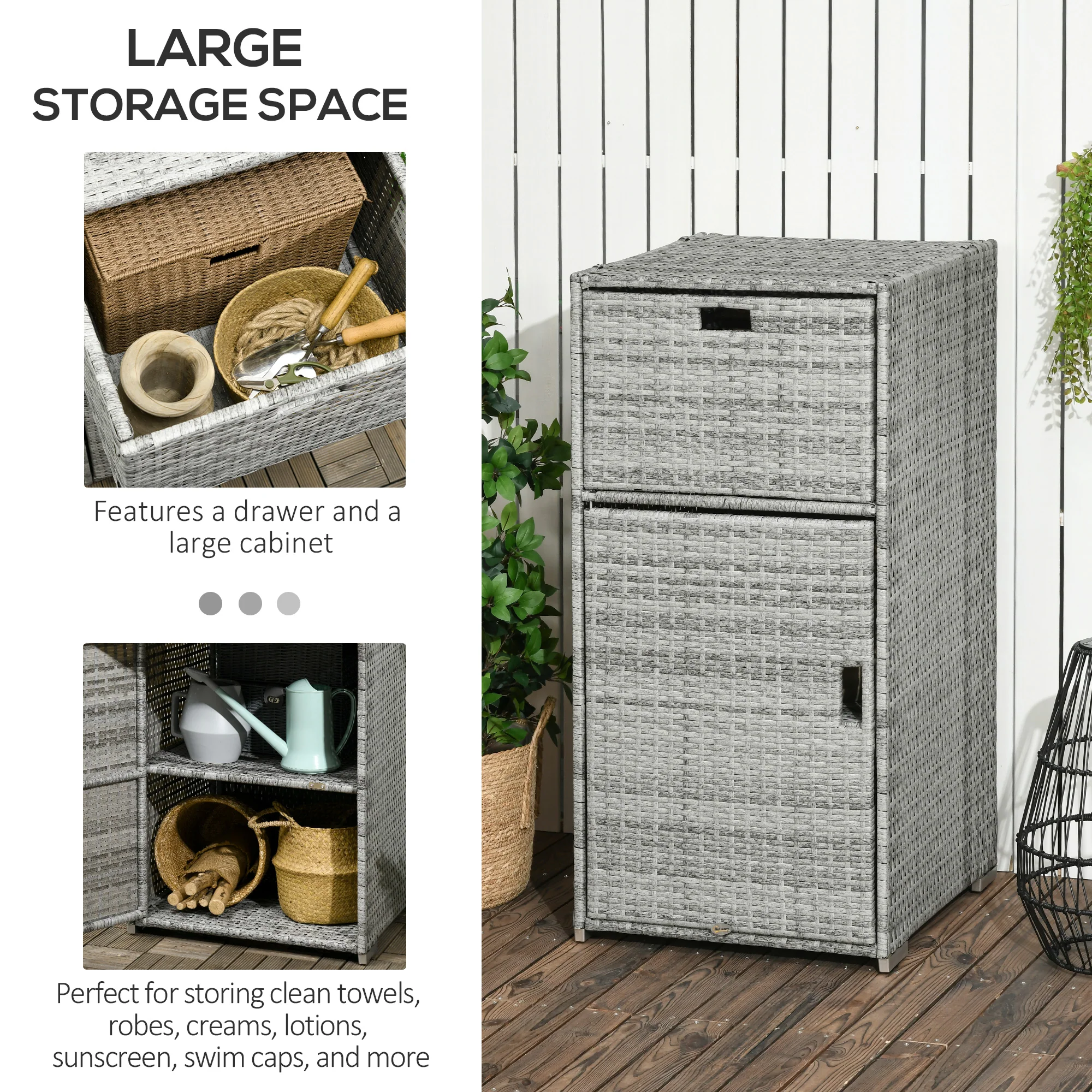 Outdoor Storage Cabinet, Waterproof PE Rattan Wicker Storage with Basket Drawer, Mixed Grey - Image 7