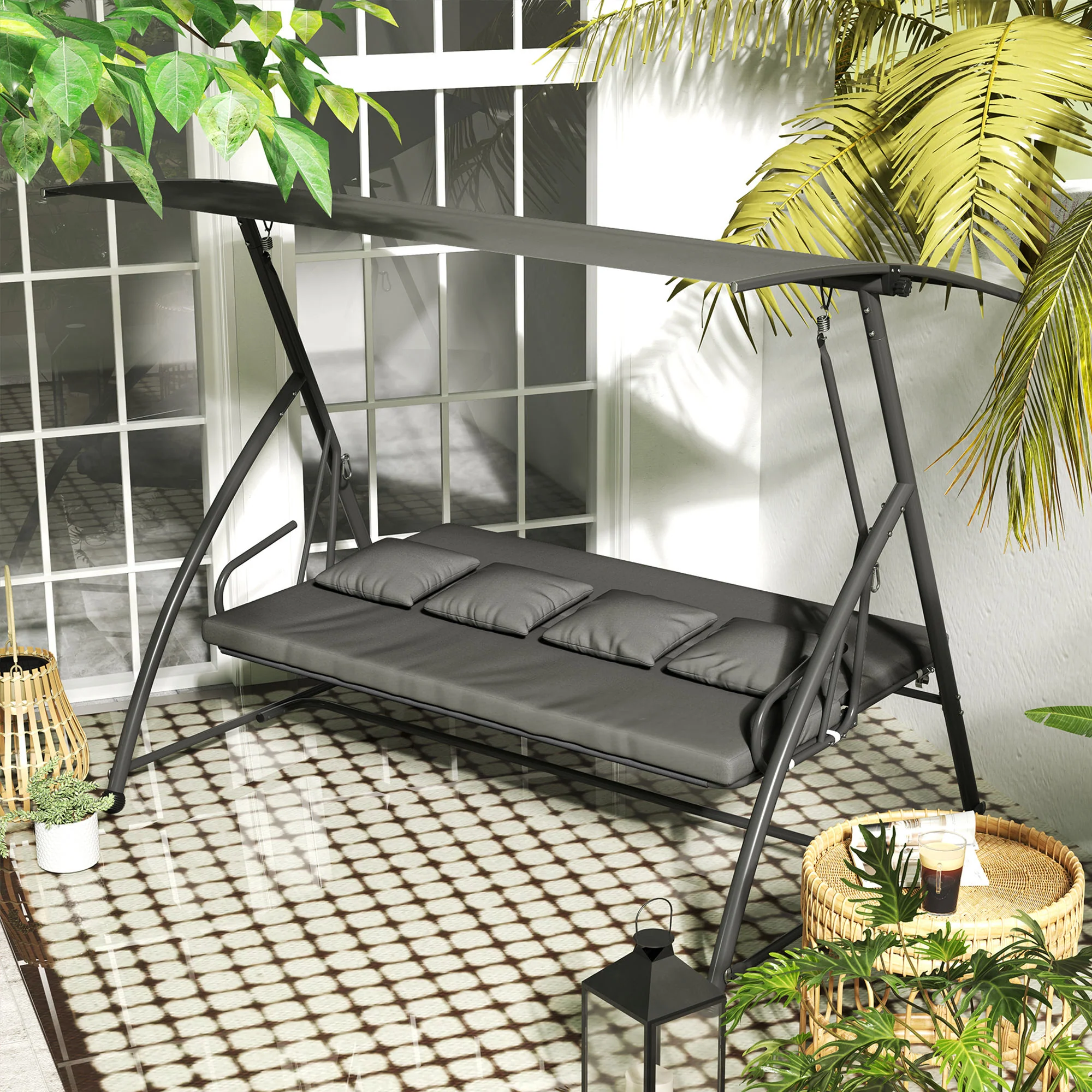 3 Person Convertible Hammock, Cushioned Swing Lounge Bed w/ Tilt Canopy, Dark Grey - Image 10
