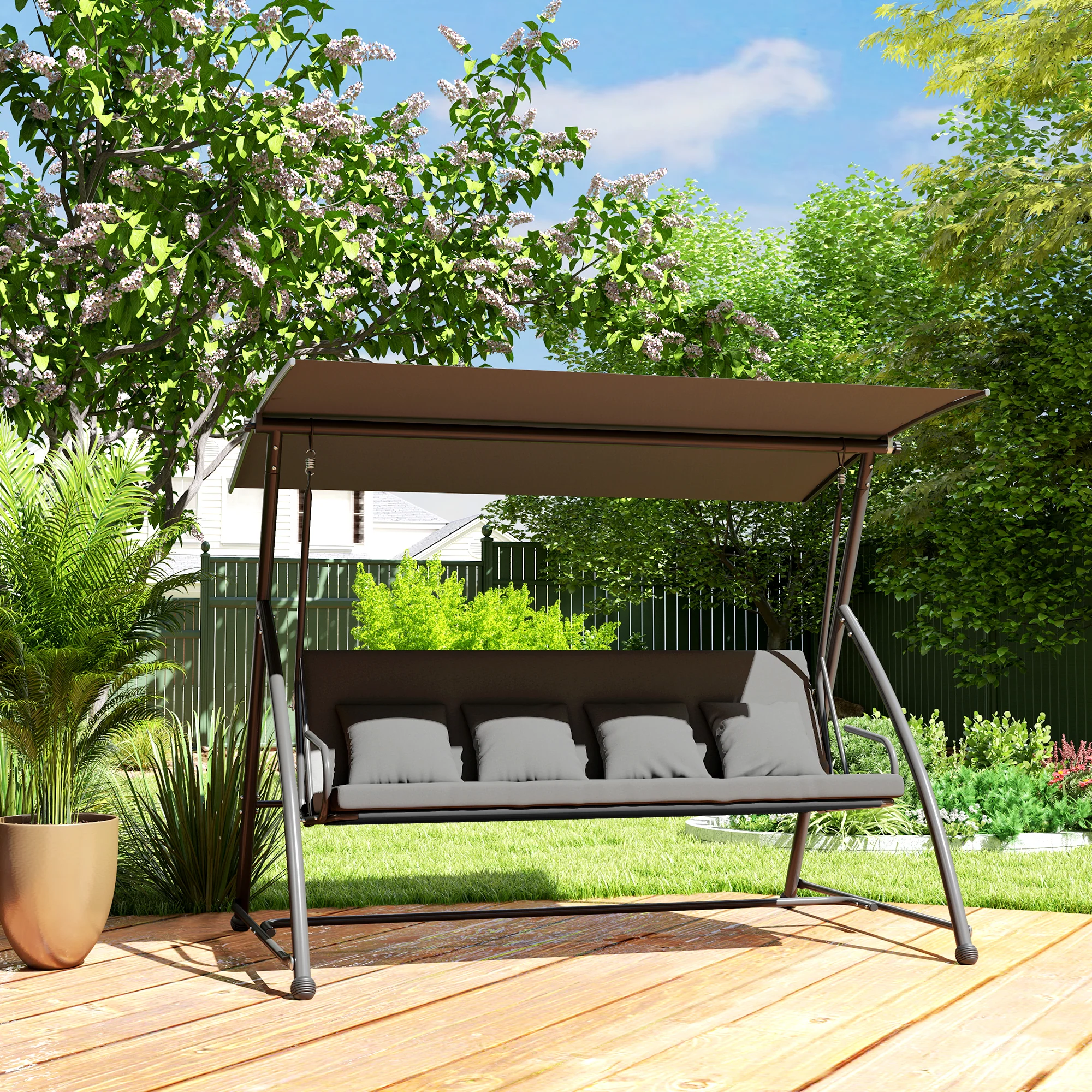3 Person Convertible Hammock, Cushioned Swing Lounge Bed w/ Tilt Canopy, Dark Grey - Image 11