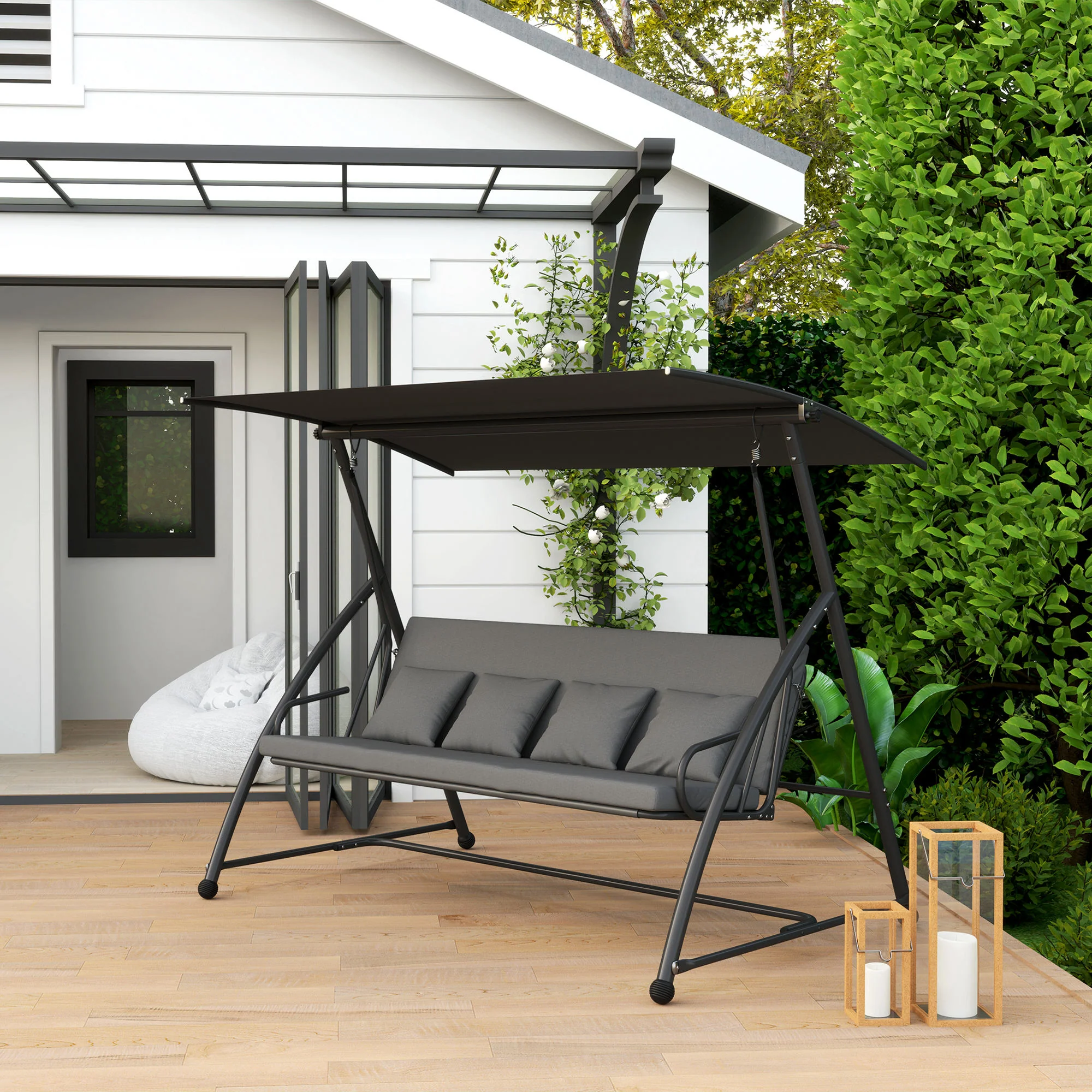 3 Person Convertible Hammock, Cushioned Swing Lounge Bed w/ Tilt Canopy, Dark Grey - Image 3