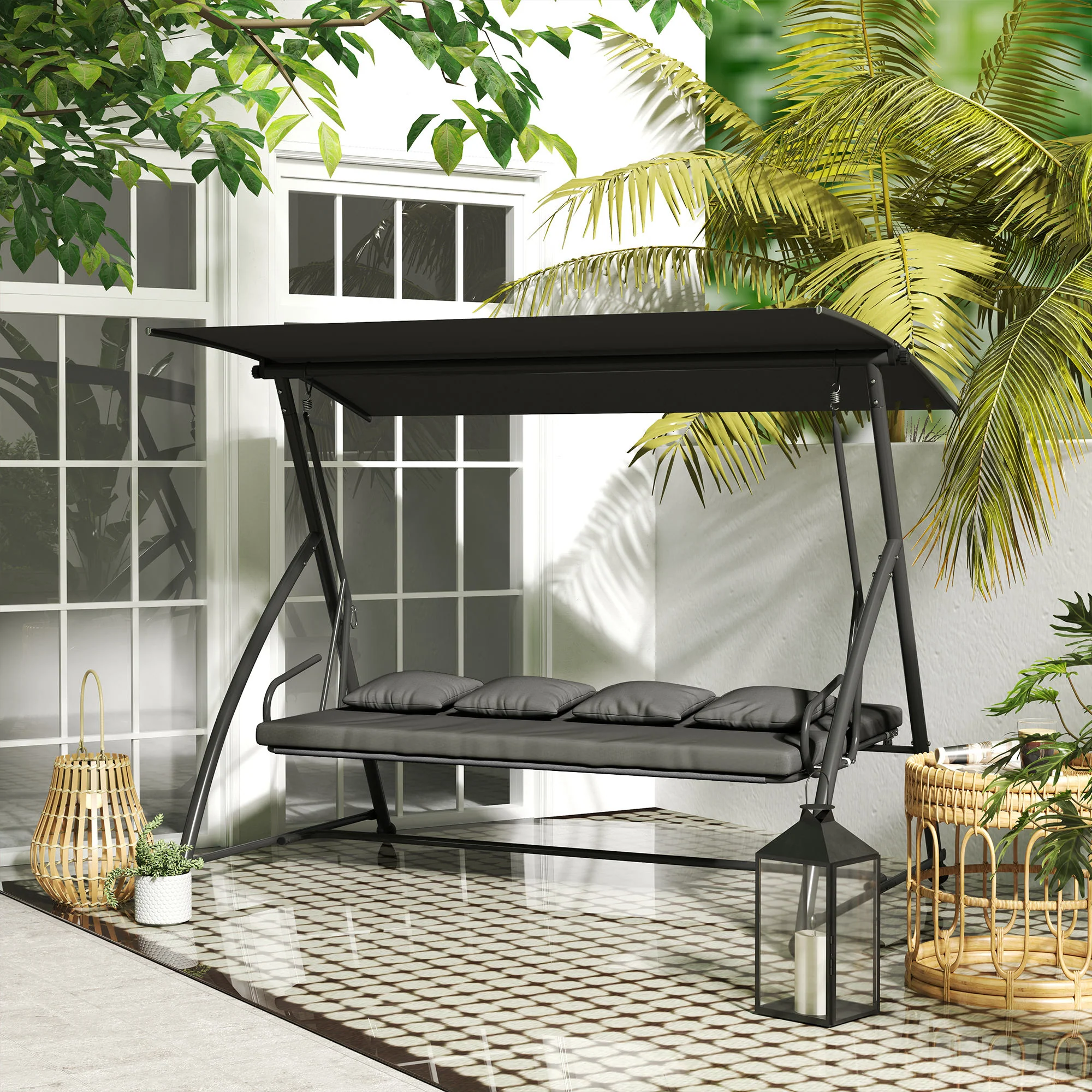 3 Person Convertible Hammock, Cushioned Swing Lounge Bed w/ Tilt Canopy, Dark Grey - Image 4