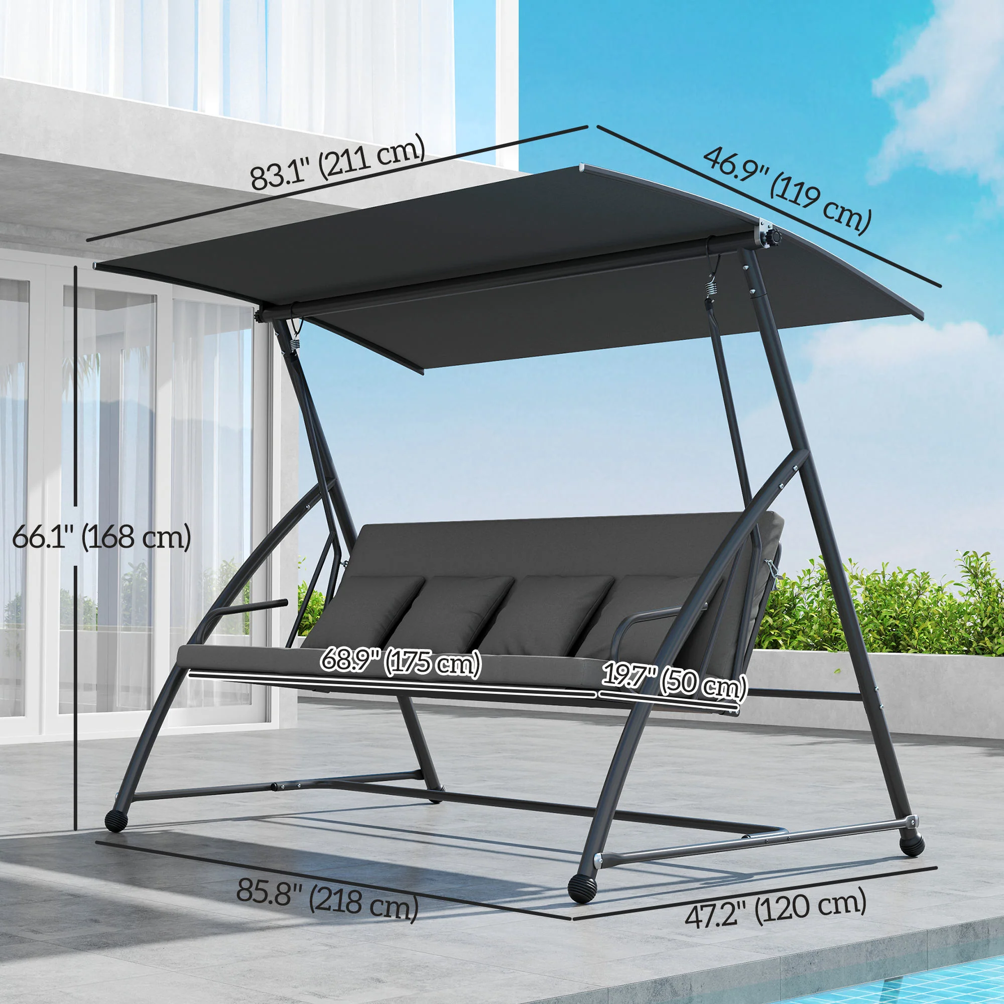 3 Person Convertible Hammock, Cushioned Swing Lounge Bed w/ Tilt Canopy, Dark Grey - Image 5