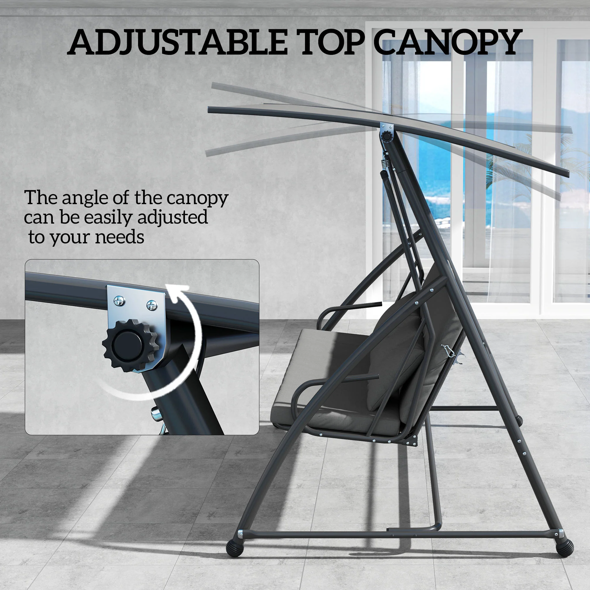 3 Person Convertible Hammock, Cushioned Swing Lounge Bed w/ Tilt Canopy, Dark Grey - Image 6