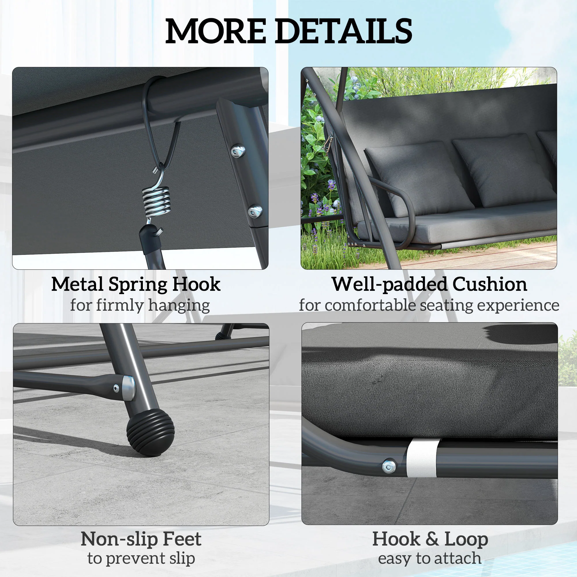 3 Person Convertible Hammock, Cushioned Swing Lounge Bed w/ Tilt Canopy, Dark Grey - Image 7