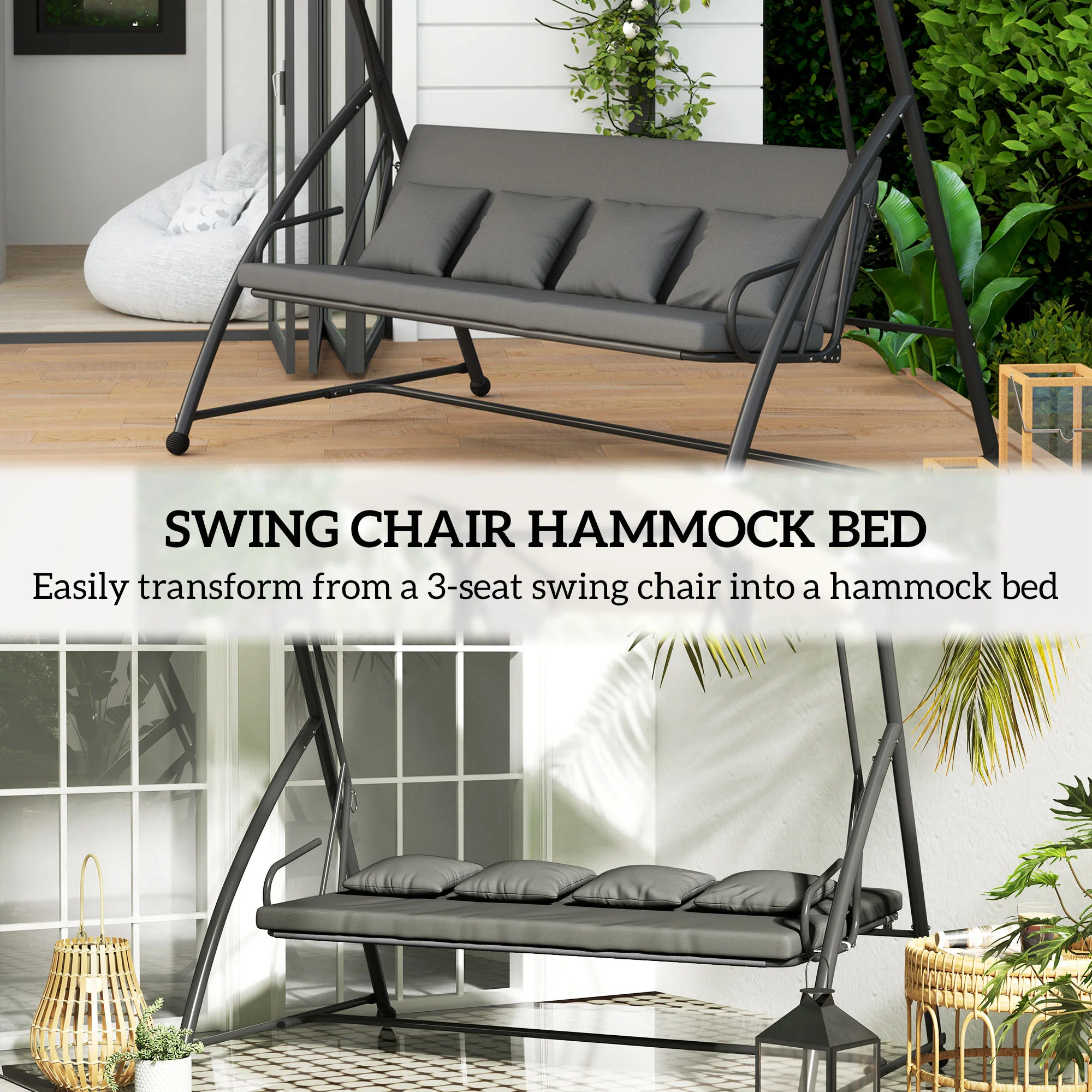 3 Person Convertible Hammock, Cushioned Swing Lounge Bed w/ Tilt Canopy, Dark Grey - Image 8
