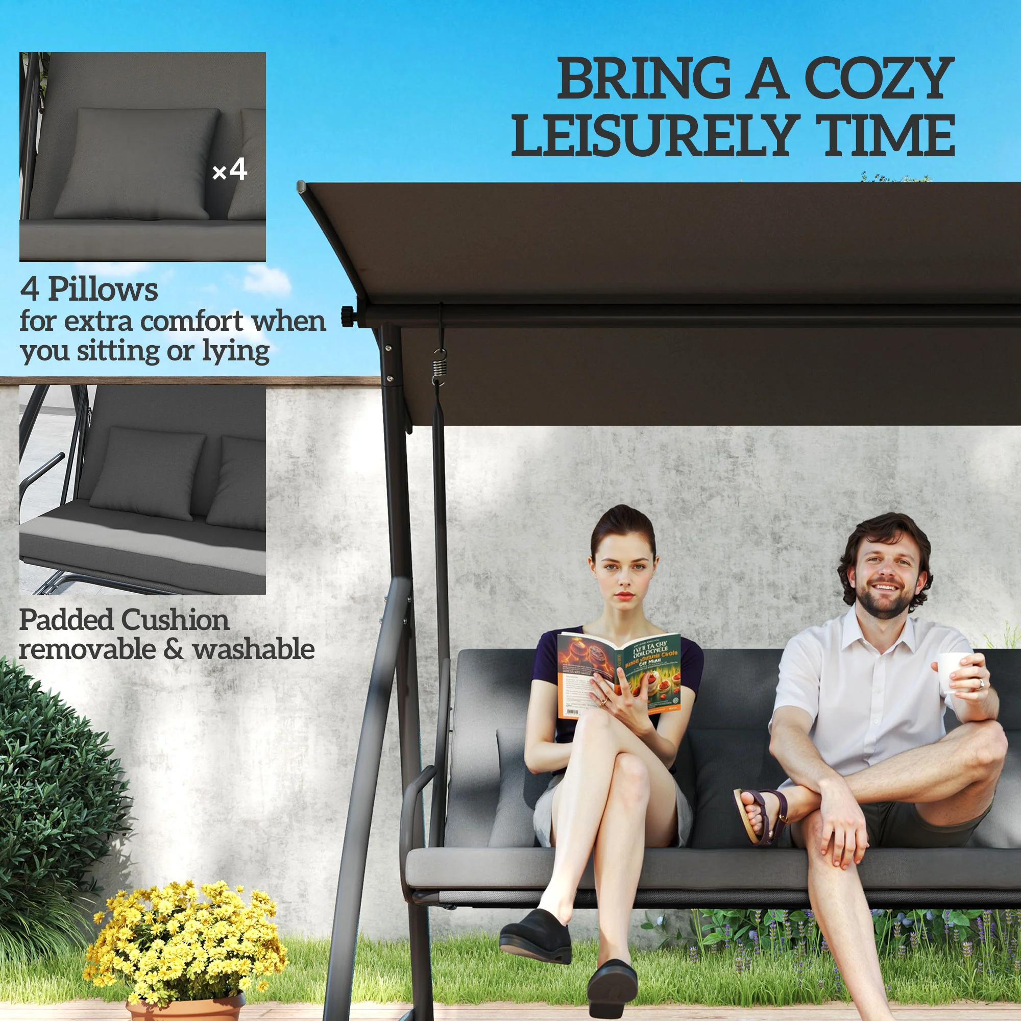 3 Person Convertible Hammock, Cushioned Swing Lounge Bed w/ Tilt Canopy, Dark Grey - Image 9