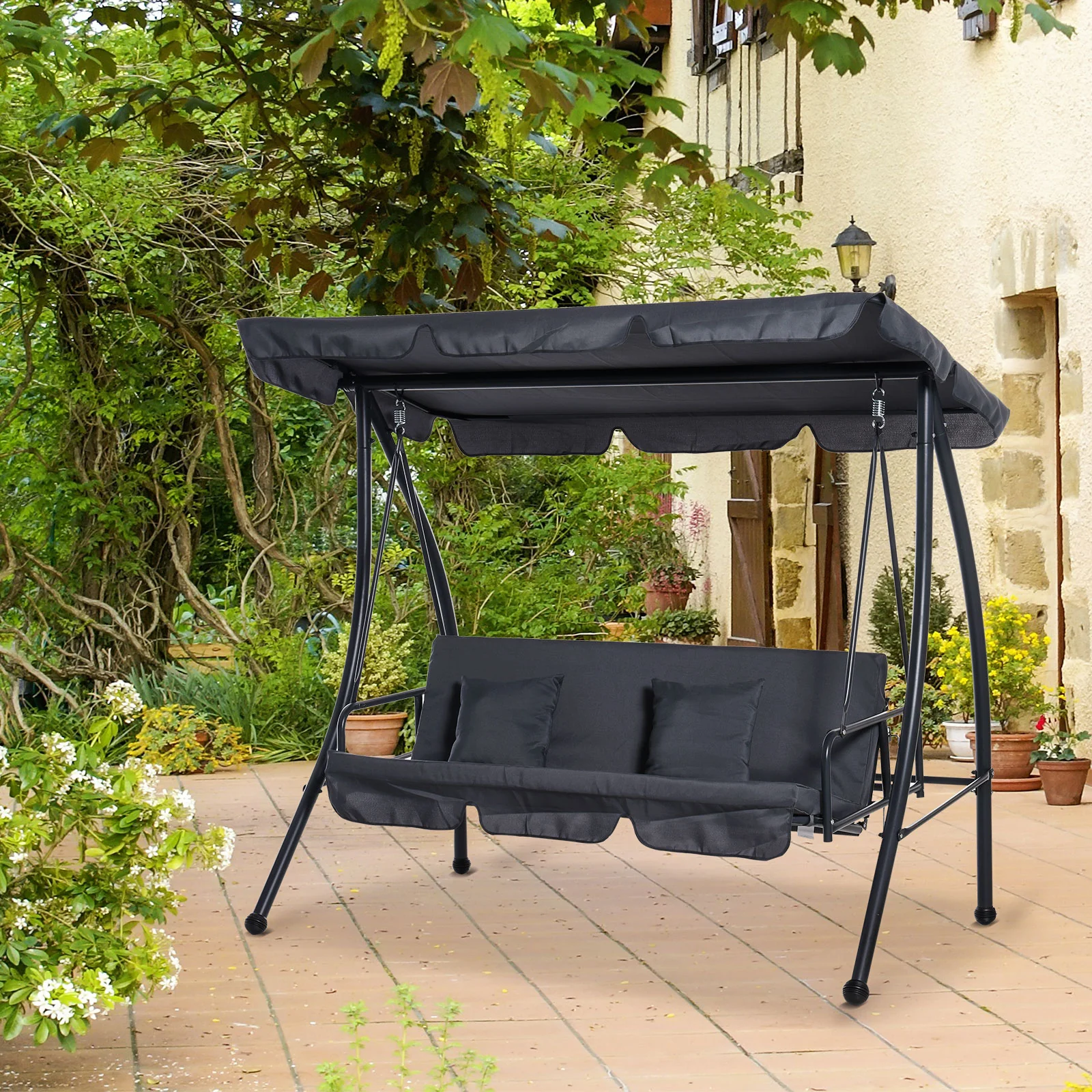 3 Person Convertible Hammock, Outdoor Swing Padded Lounge Bed with Tilt Canopy, Dark Grey - Image 3