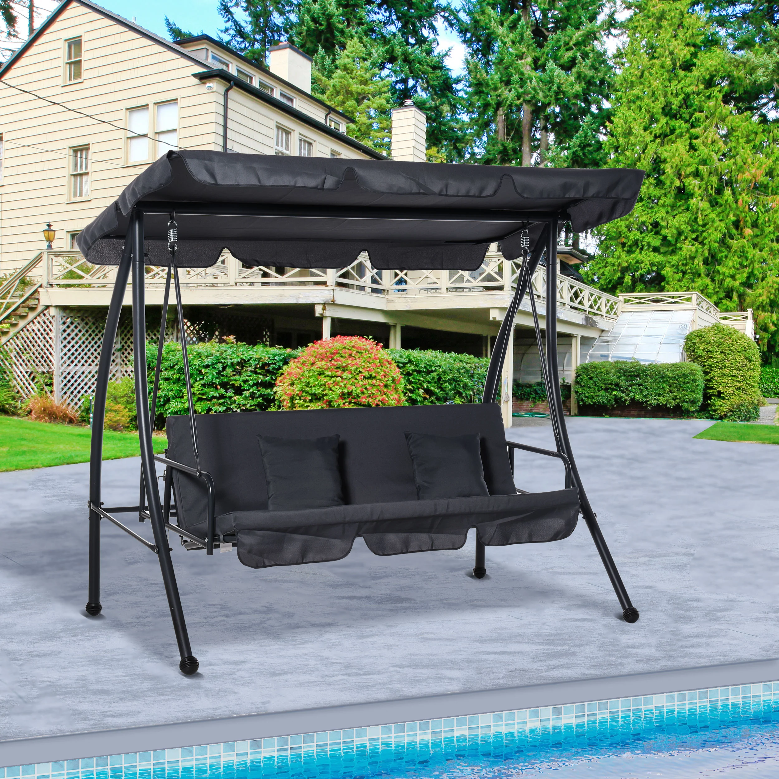 3 Person Convertible Hammock, Outdoor Swing Padded Lounge Bed with Tilt Canopy, Dark Grey - Image 4