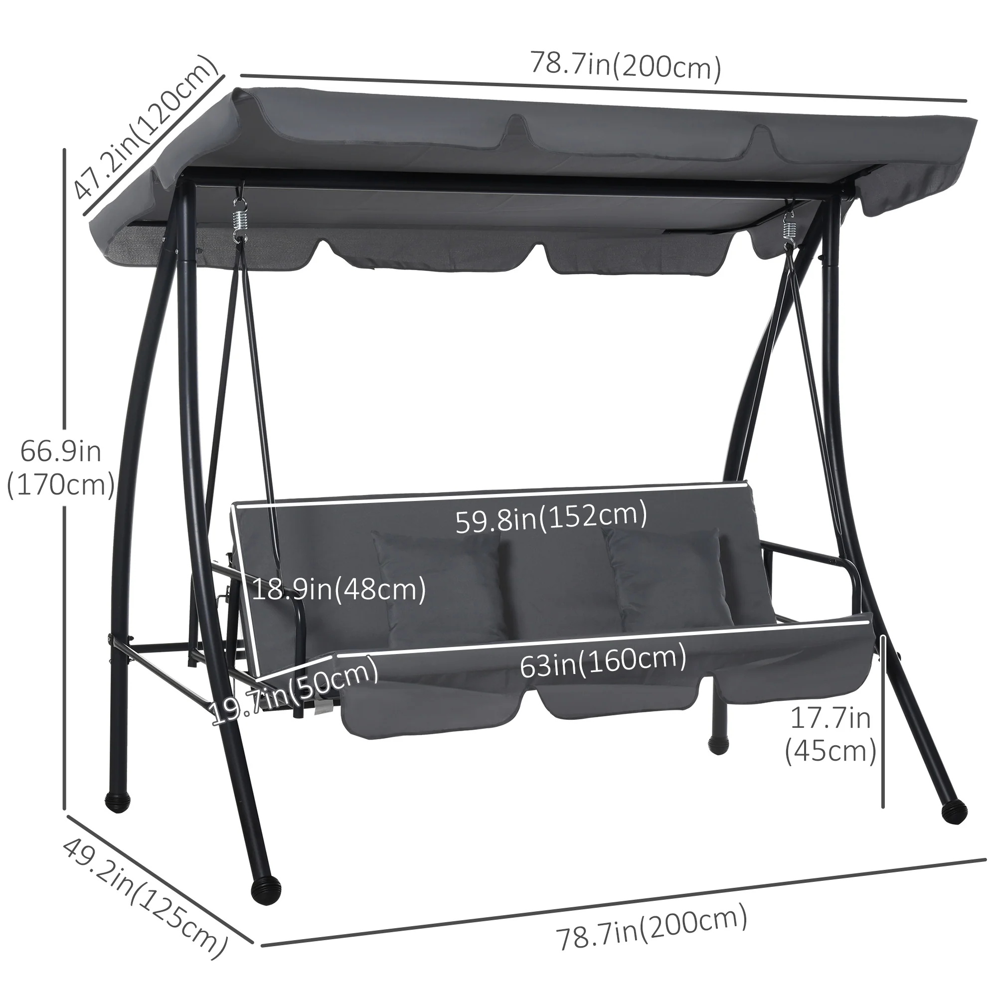 3 Person Convertible Hammock, Outdoor Swing Padded Lounge Bed with Tilt Canopy, Dark Grey - Image 5