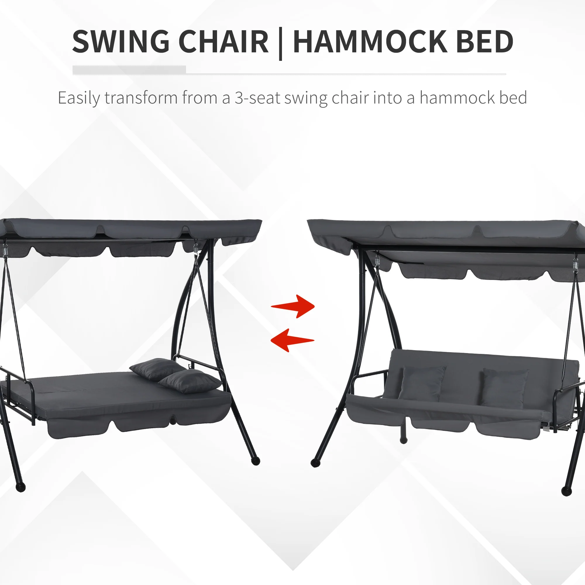 3 Person Convertible Hammock, Outdoor Swing Padded Lounge Bed with Tilt Canopy, Dark Grey - Image 8