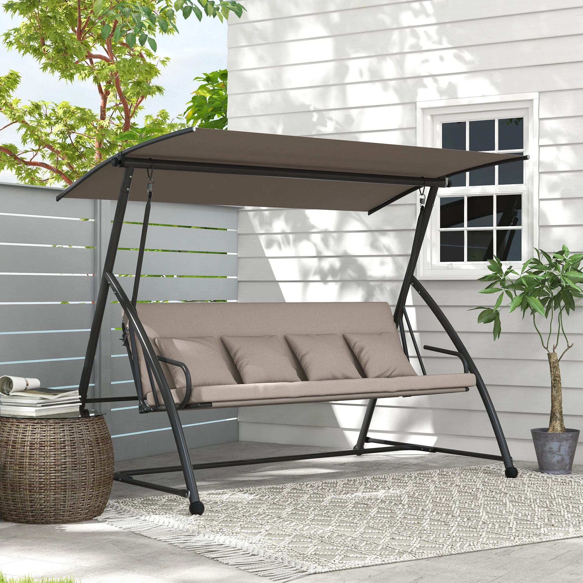 3 Person Convertible Hammock, Cushioned Swing Lounge Bed w/ Tilt Canopy, Light Brown - Image 10