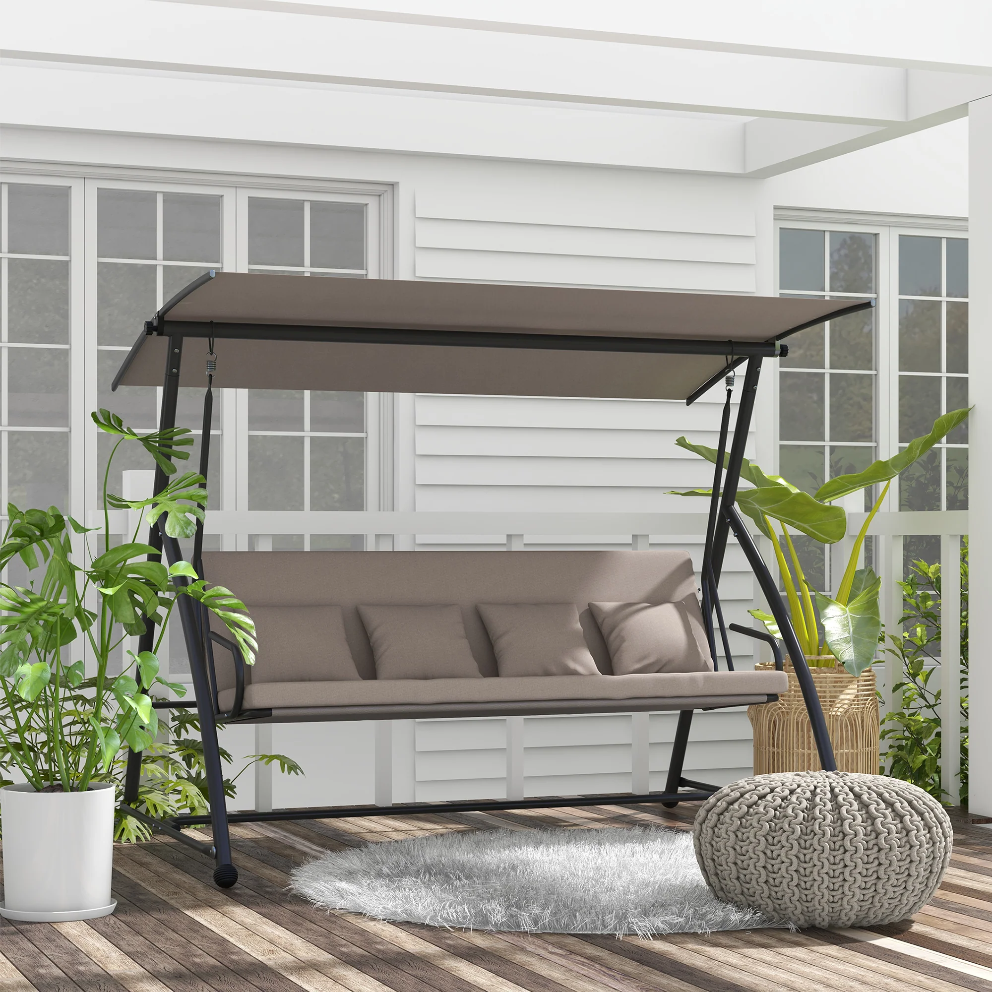 3 Person Convertible Hammock, Cushioned Swing Lounge Bed w/ Tilt Canopy, Light Brown - Image 3