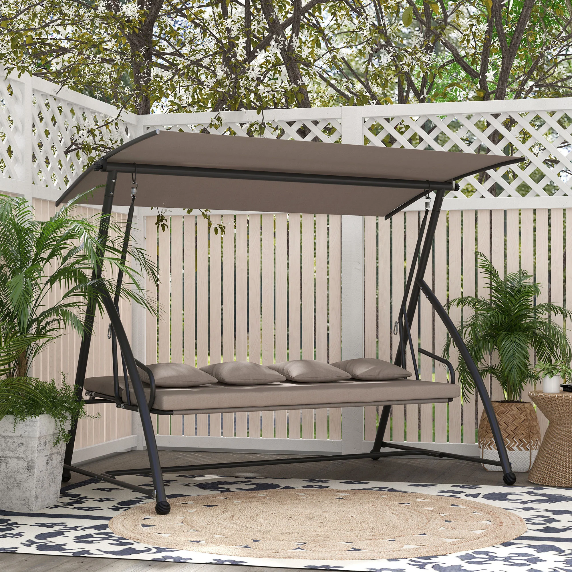3 Person Convertible Hammock, Cushioned Swing Lounge Bed w/ Tilt Canopy, Light Brown - Image 4