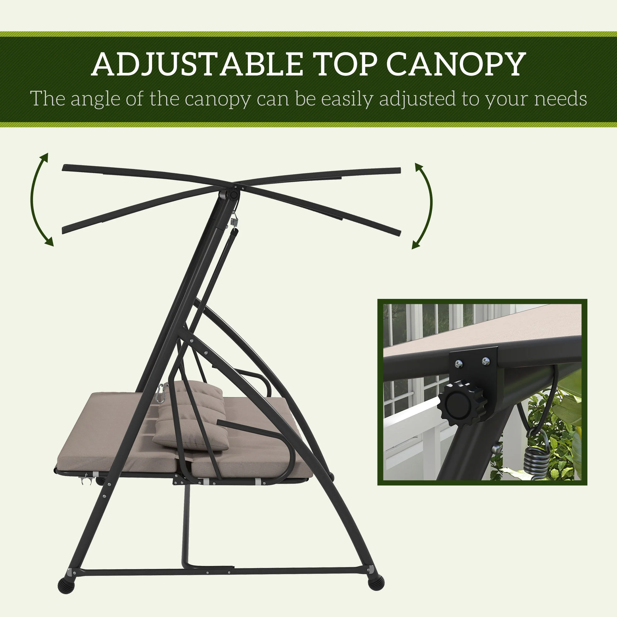 3 Person Convertible Hammock, Cushioned Swing Lounge Bed w/ Tilt Canopy, Light Brown - Image 6