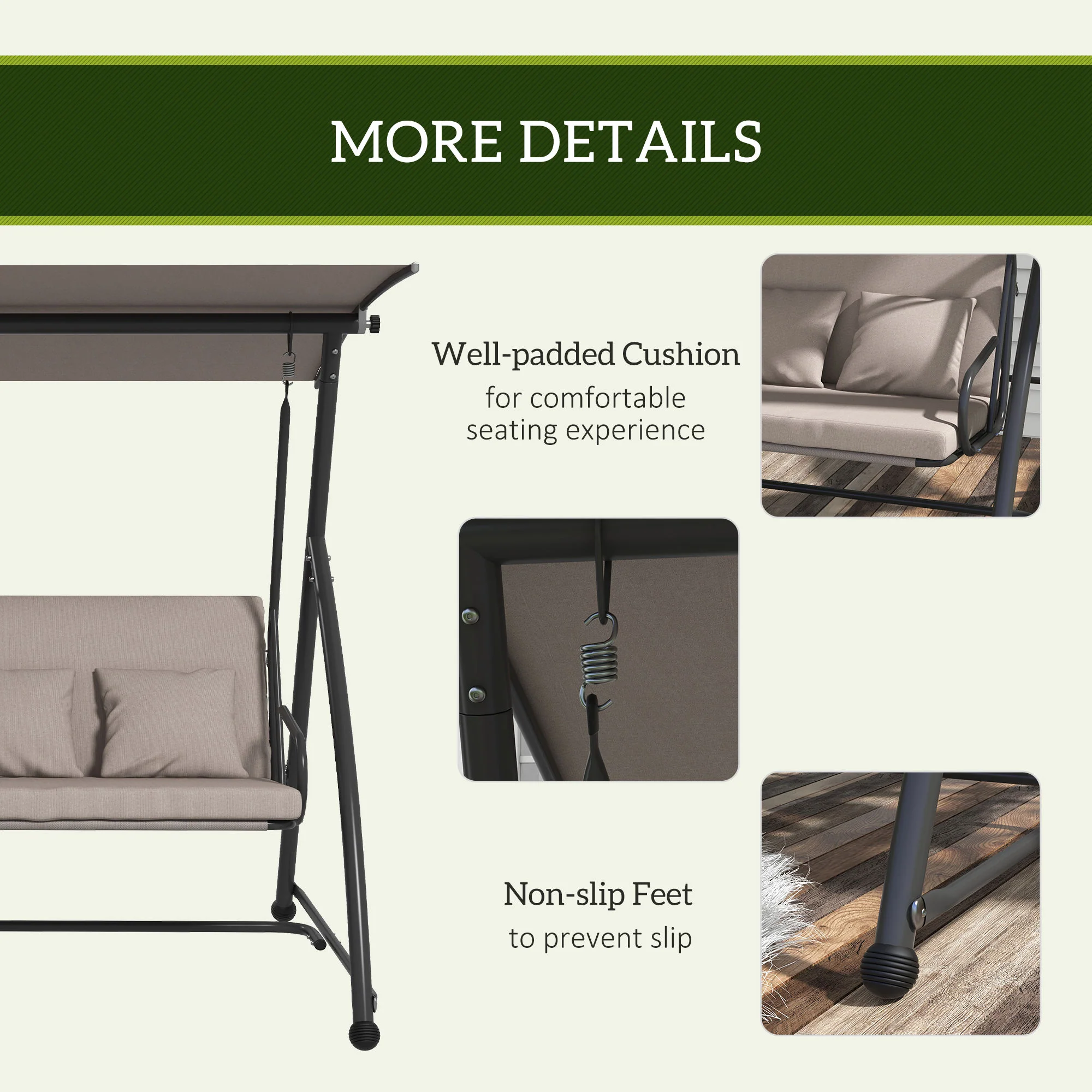 3 Person Convertible Hammock, Cushioned Swing Lounge Bed w/ Tilt Canopy, Light Brown - Image 7