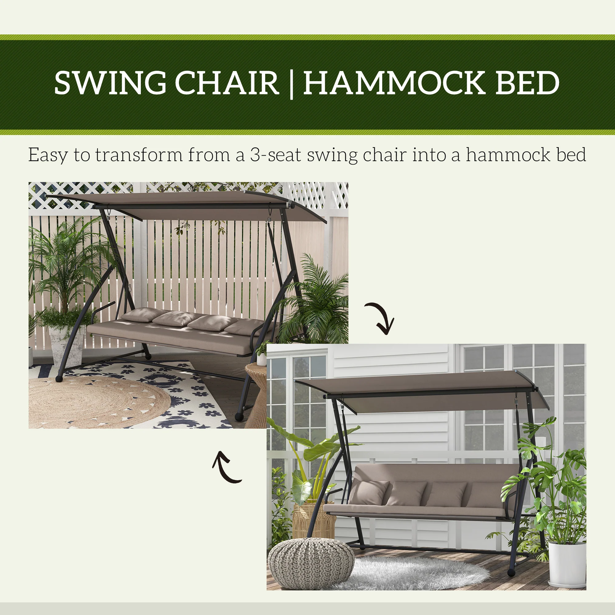 3 Person Convertible Hammock, Cushioned Swing Lounge Bed w/ Tilt Canopy, Light Brown - Image 8