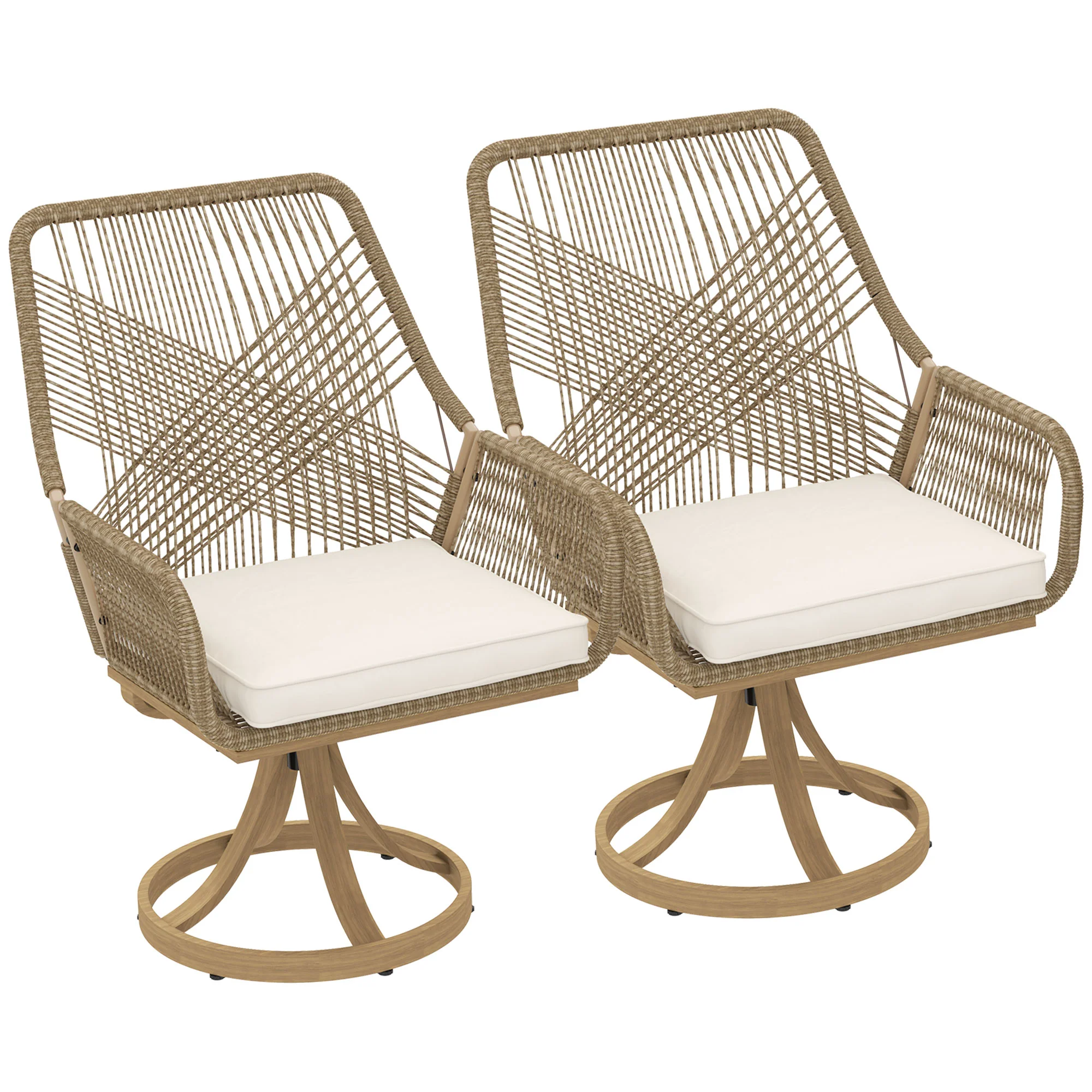 Patio Swivel Dining Chairs Set of 2, Outdoor Rattan Chairs with Soft Cushions, Khaki