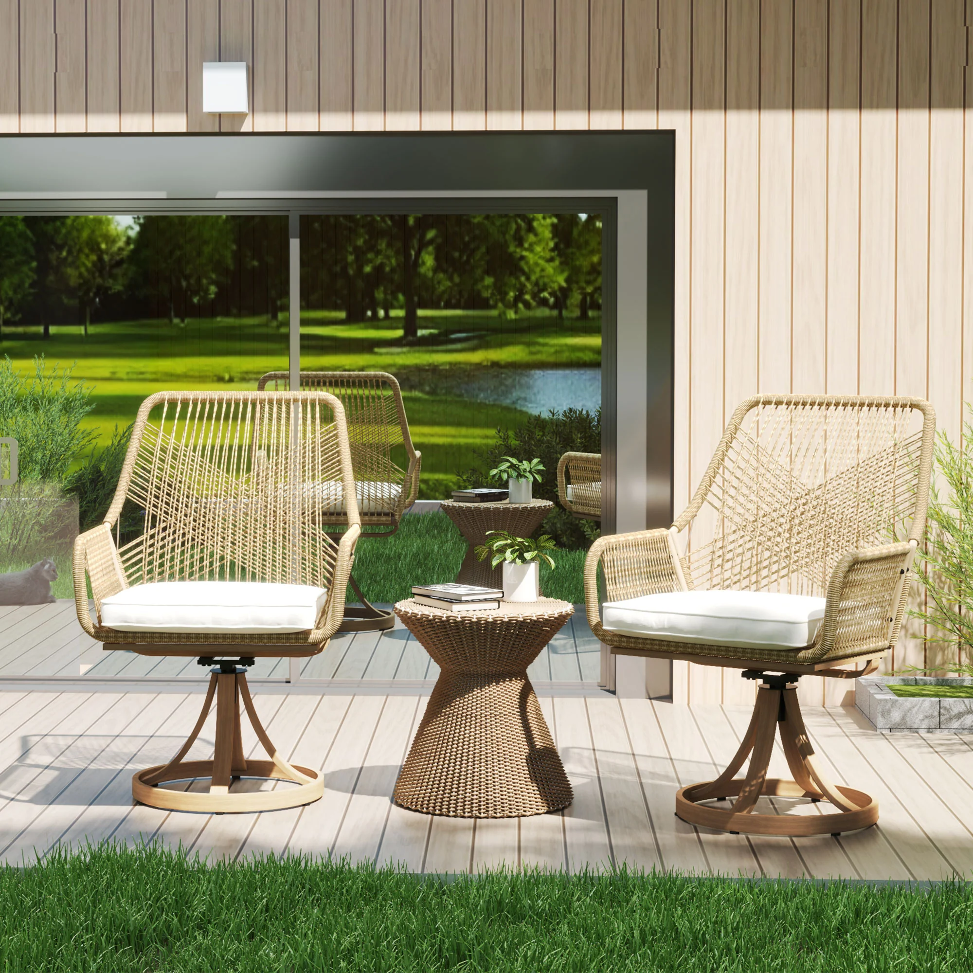 Patio Swivel Dining Chairs Set of 2, Outdoor Rattan Chairs with Soft Cushions, Khaki - Image 11