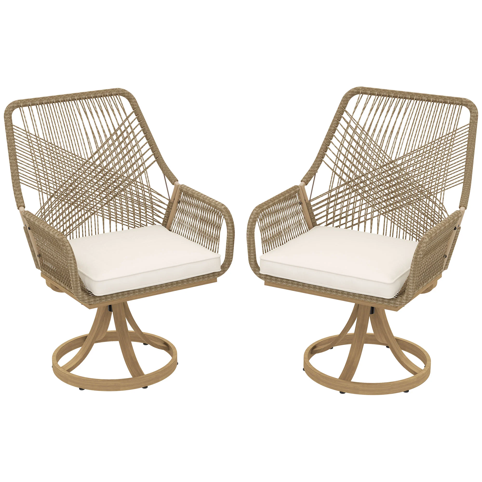 Patio Swivel Dining Chairs Set of 2, Outdoor Rattan Chairs with Soft Cushions, Khaki - Image 2