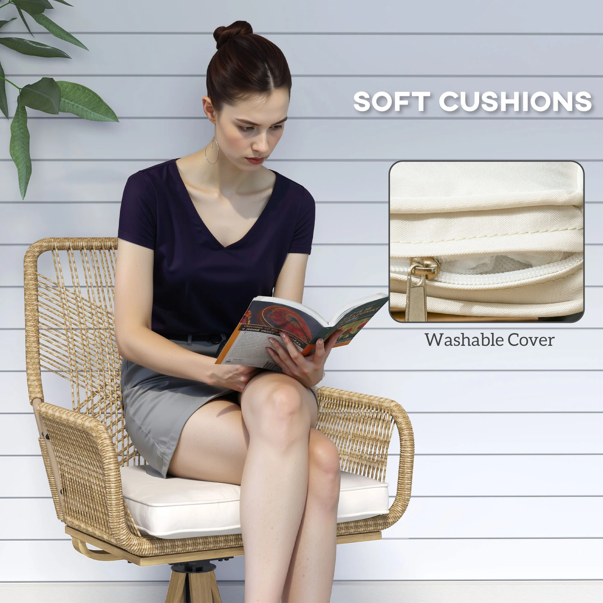 Patio Swivel Dining Chairs Set of 2, Outdoor Rattan Chairs with Soft Cushions, Khaki - Image 8