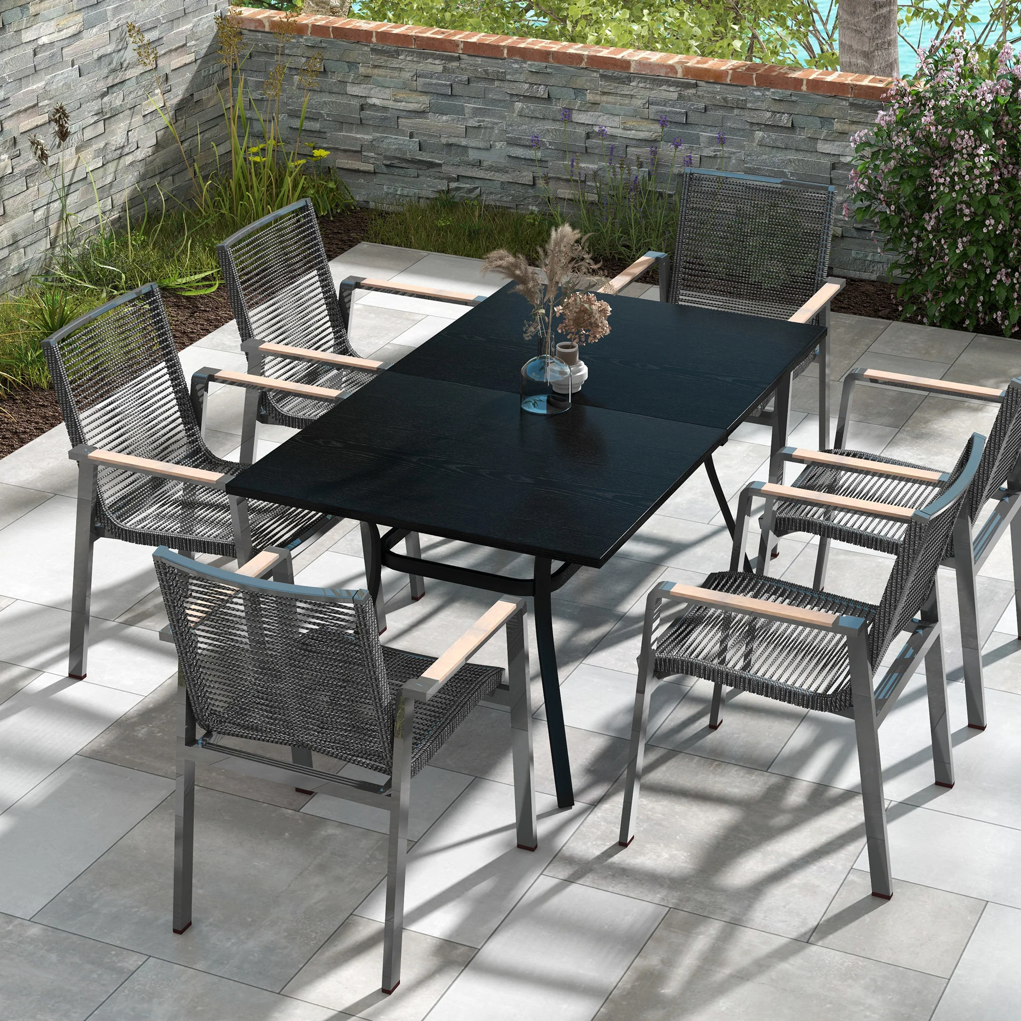 Rectangle Patio Dining Table for 6 with Steel Legs & Metal Tabletop for Garden, Black - Image 10