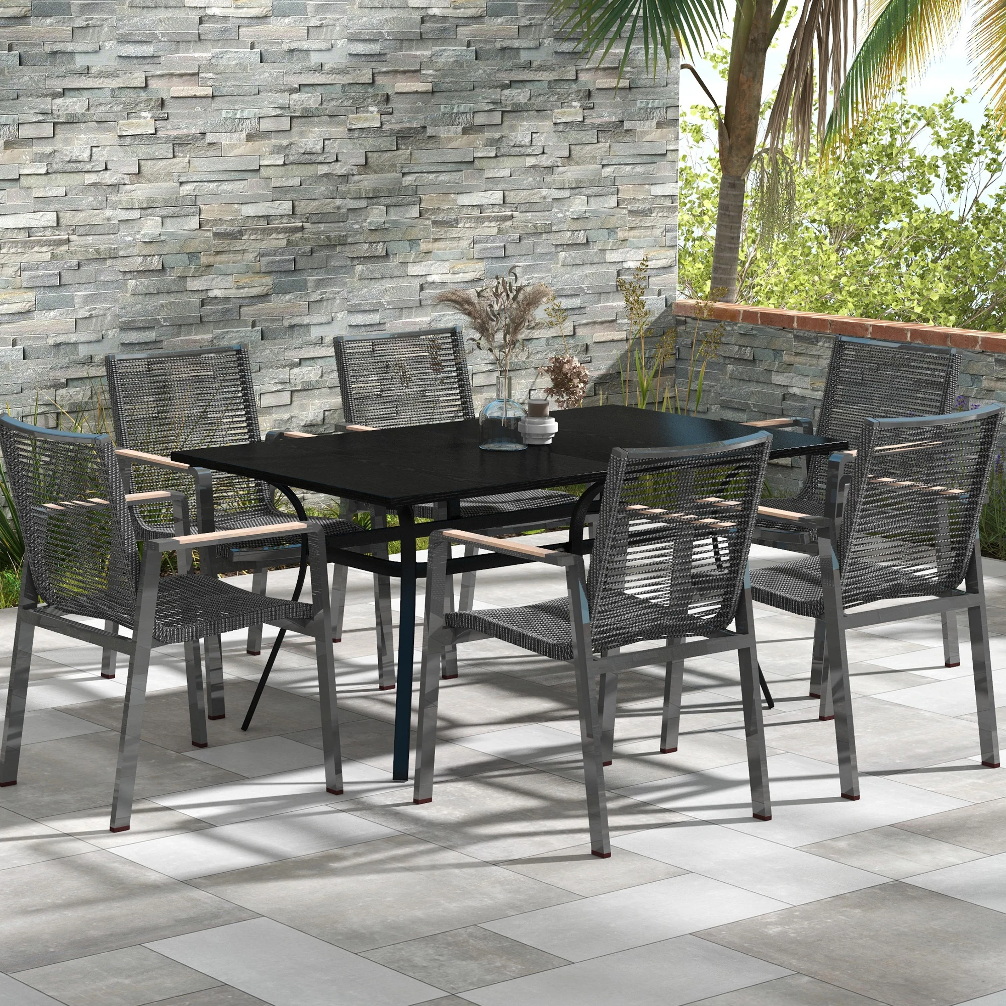 Rectangle Patio Dining Table for 6 with Steel Legs & Metal Tabletop for Garden, Black - Image 3