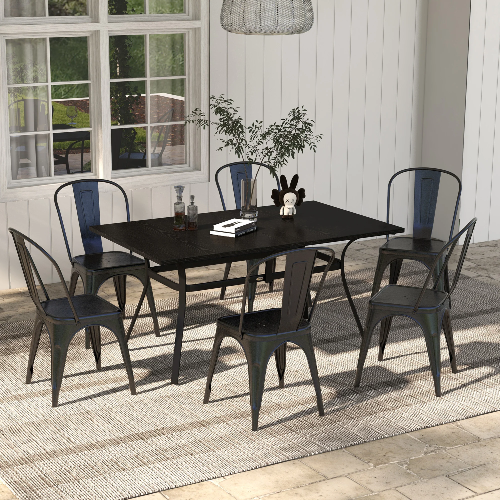 Rectangle Patio Dining Table for 6 with Steel Legs & Metal Tabletop for Garden, Black - Image 4