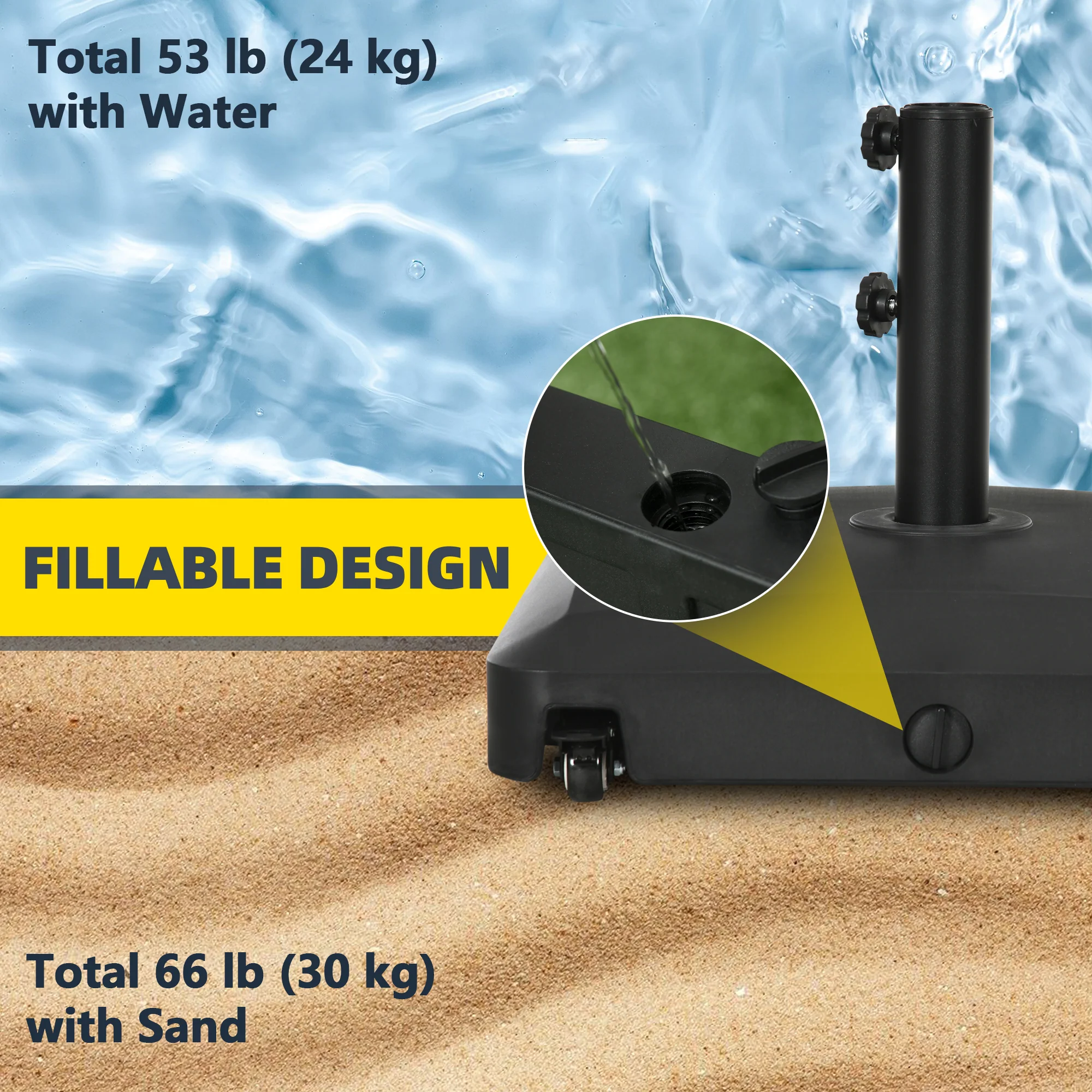 66lb Wheeled Umbrella Base, for 1.5"/1.9" Poles, Black - Image 6