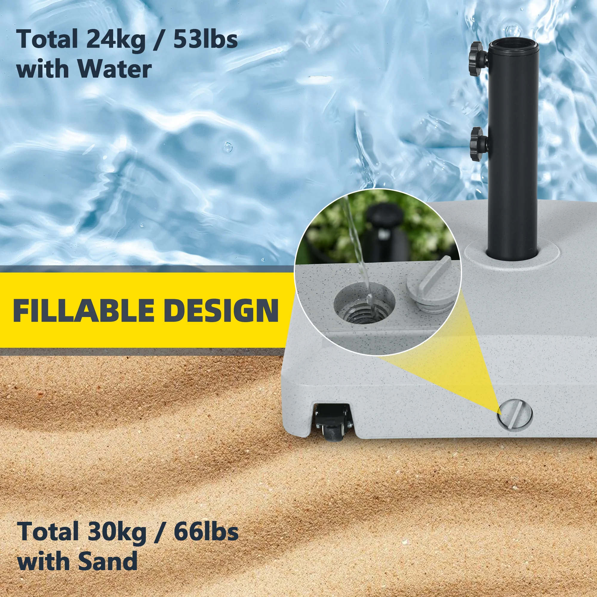 66lb Wheeled Umbrella Base, for 1.5"/1.9" Poles, Light Grey - Image 6