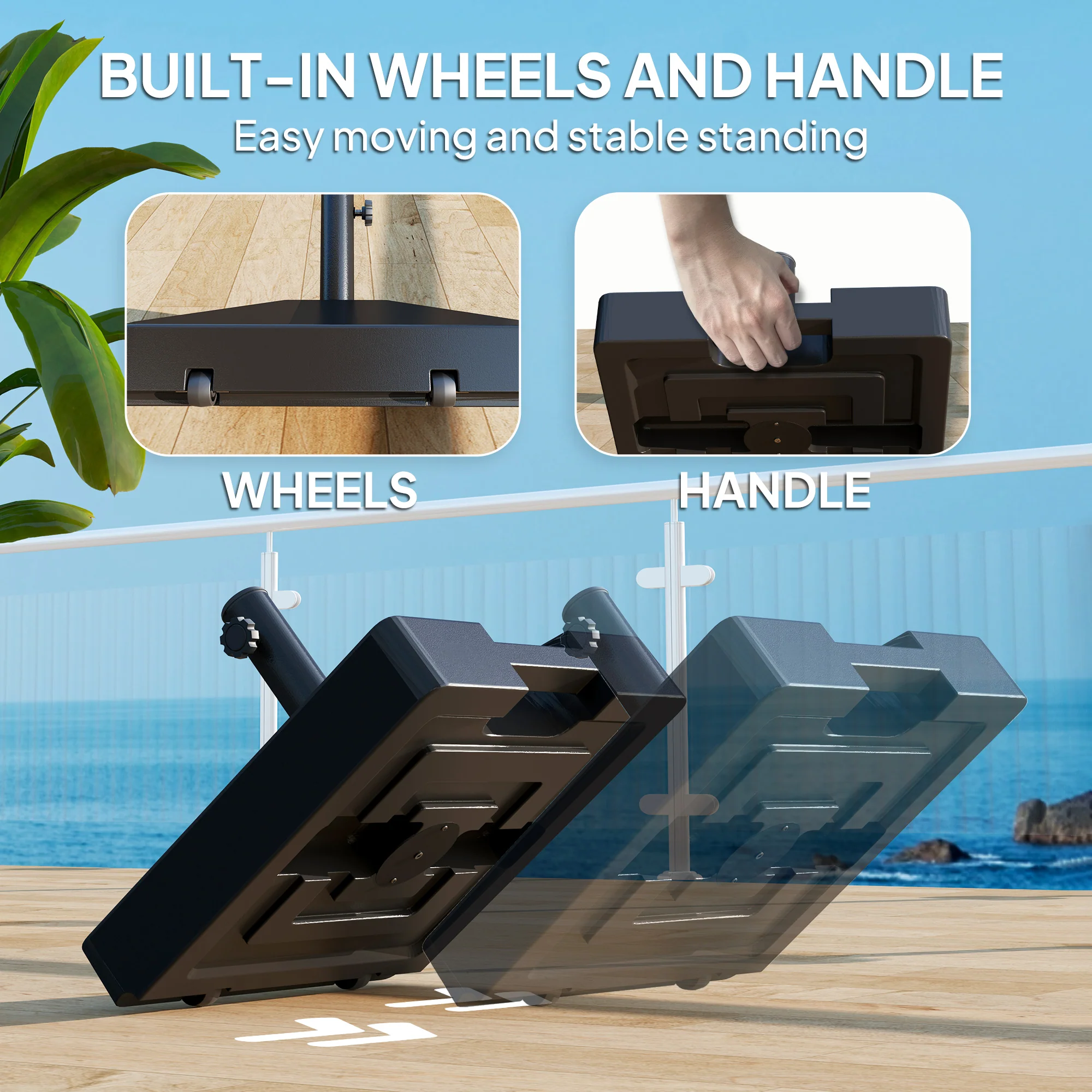 Wheeled Umbrella Base, Filled Up to 73lbs Sand/57lbs Water, Black - Image 8