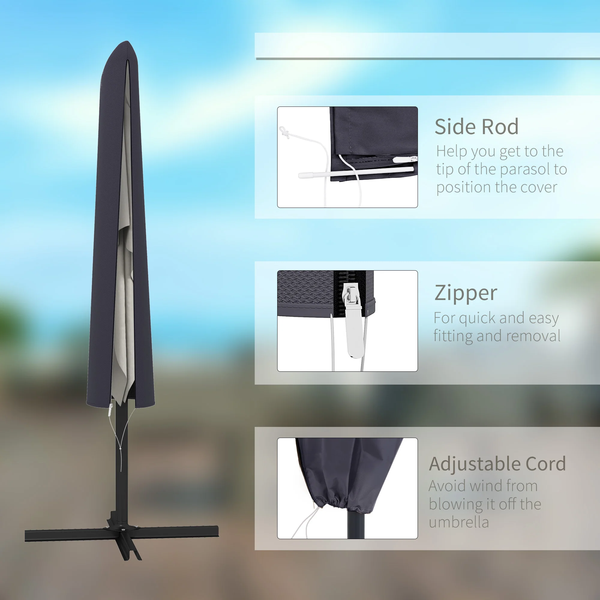 Patio Umbrella Cover with Zipper for 6.6-13FT Parasol, Dark Grey - Image 7