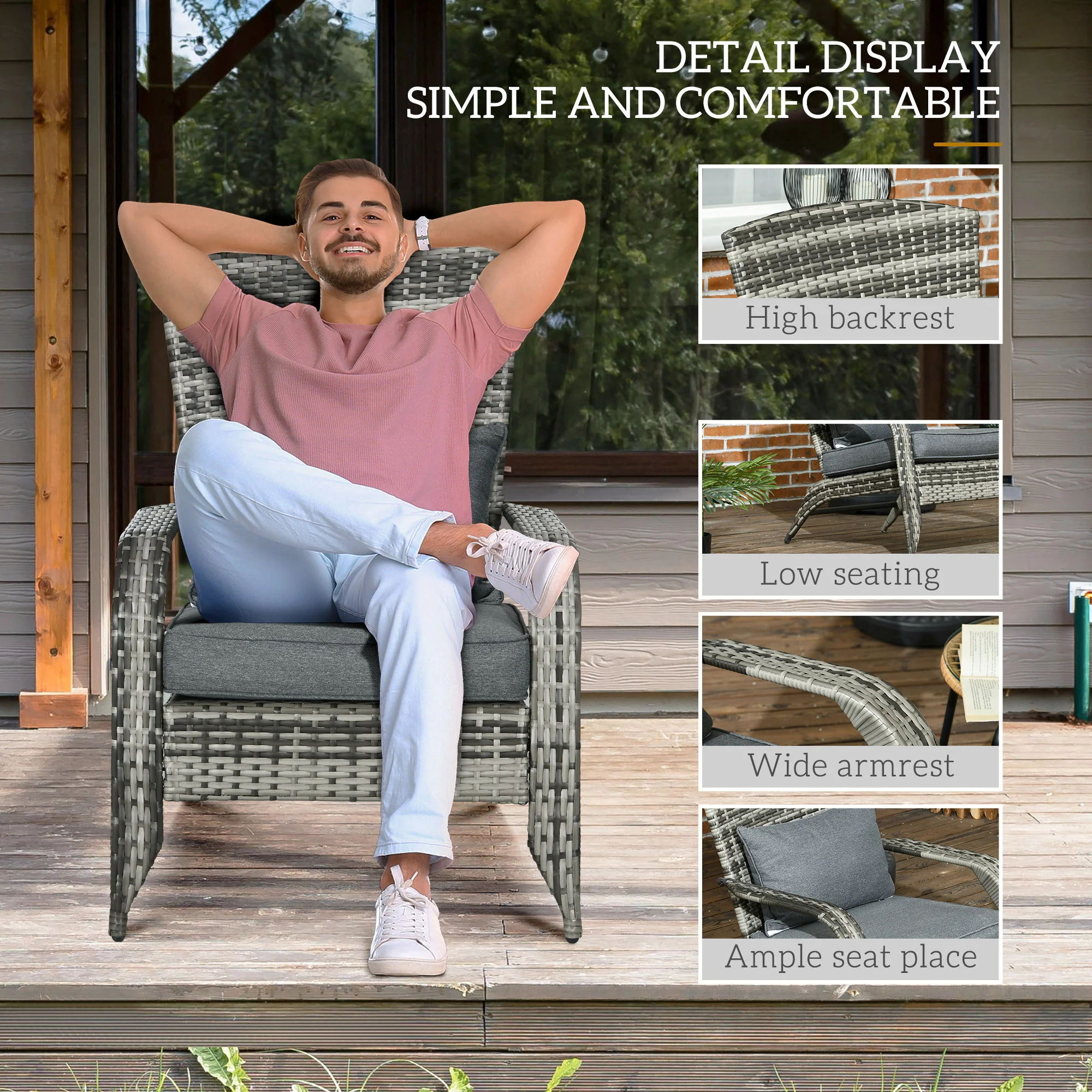 Patio Wicker Adirondack Chair with Soft Cushions and Curved Back, Grey - Image 7