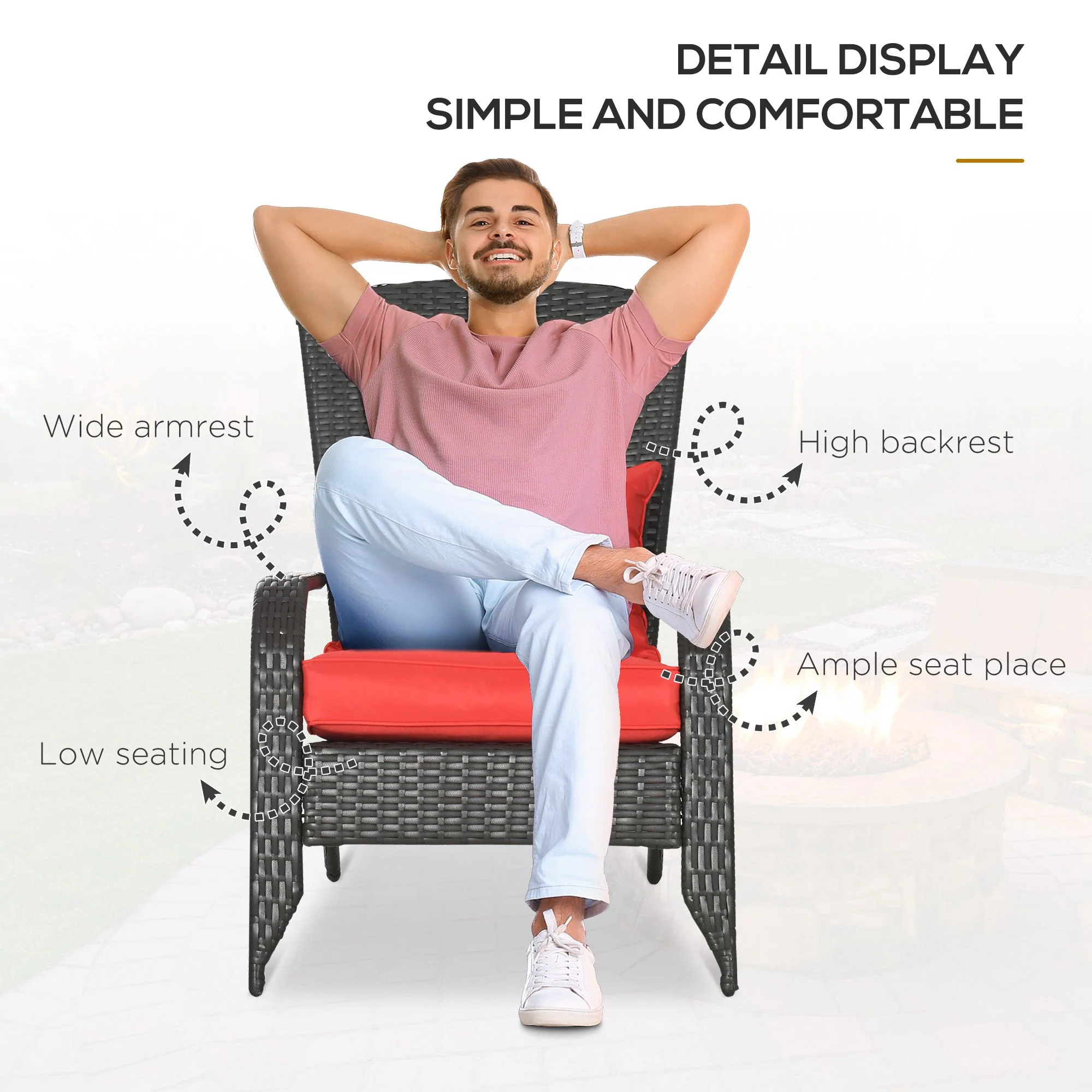 Patio Wicker Adirondack Chair, Outdoor Rattan Muskoka Chair with Cushions for Porch, Red - Image 7