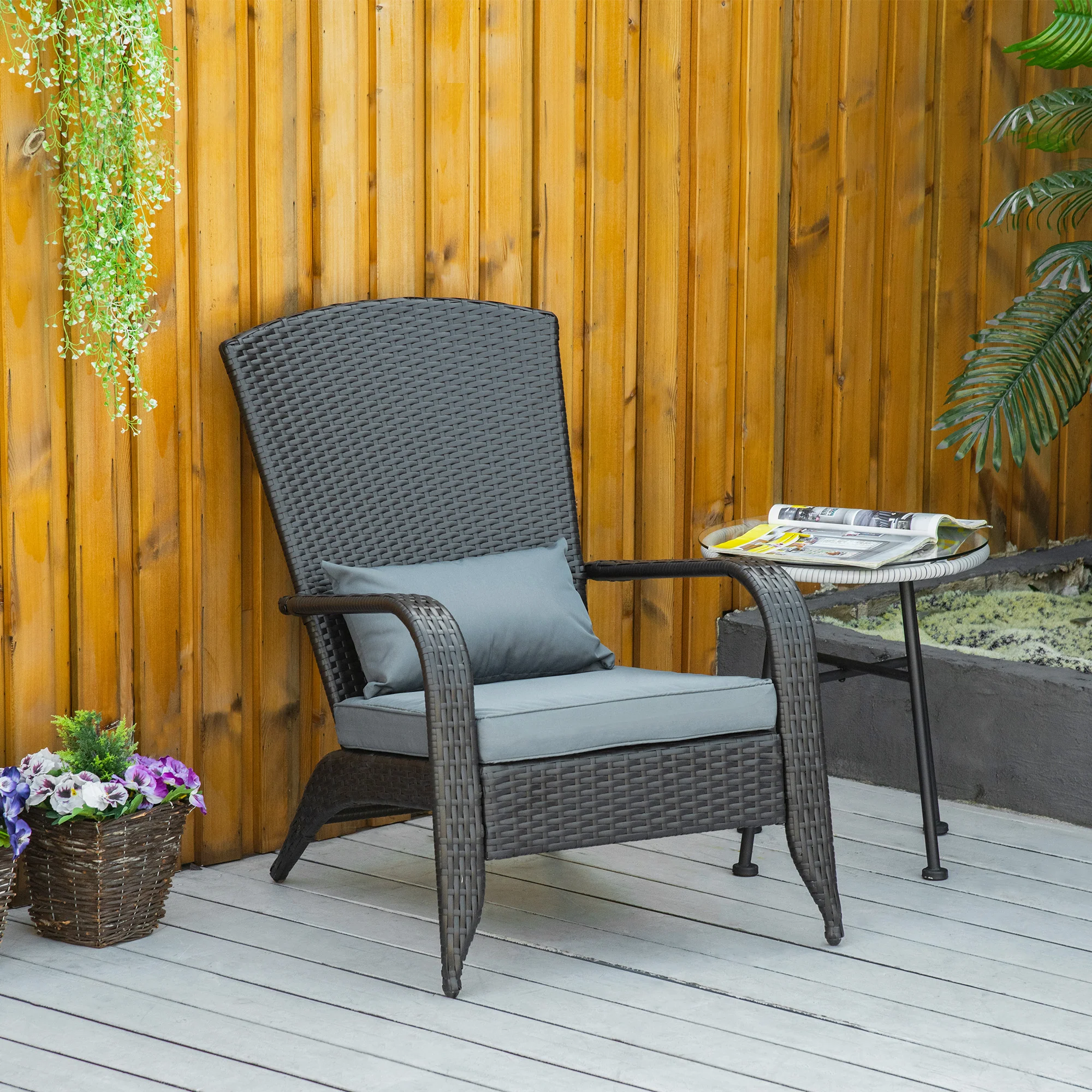 Patio Wicker Adirondack Chair, Outdoor Rattan Muskoka Chair with Cushions for Porch, Light Grey - Image 3
