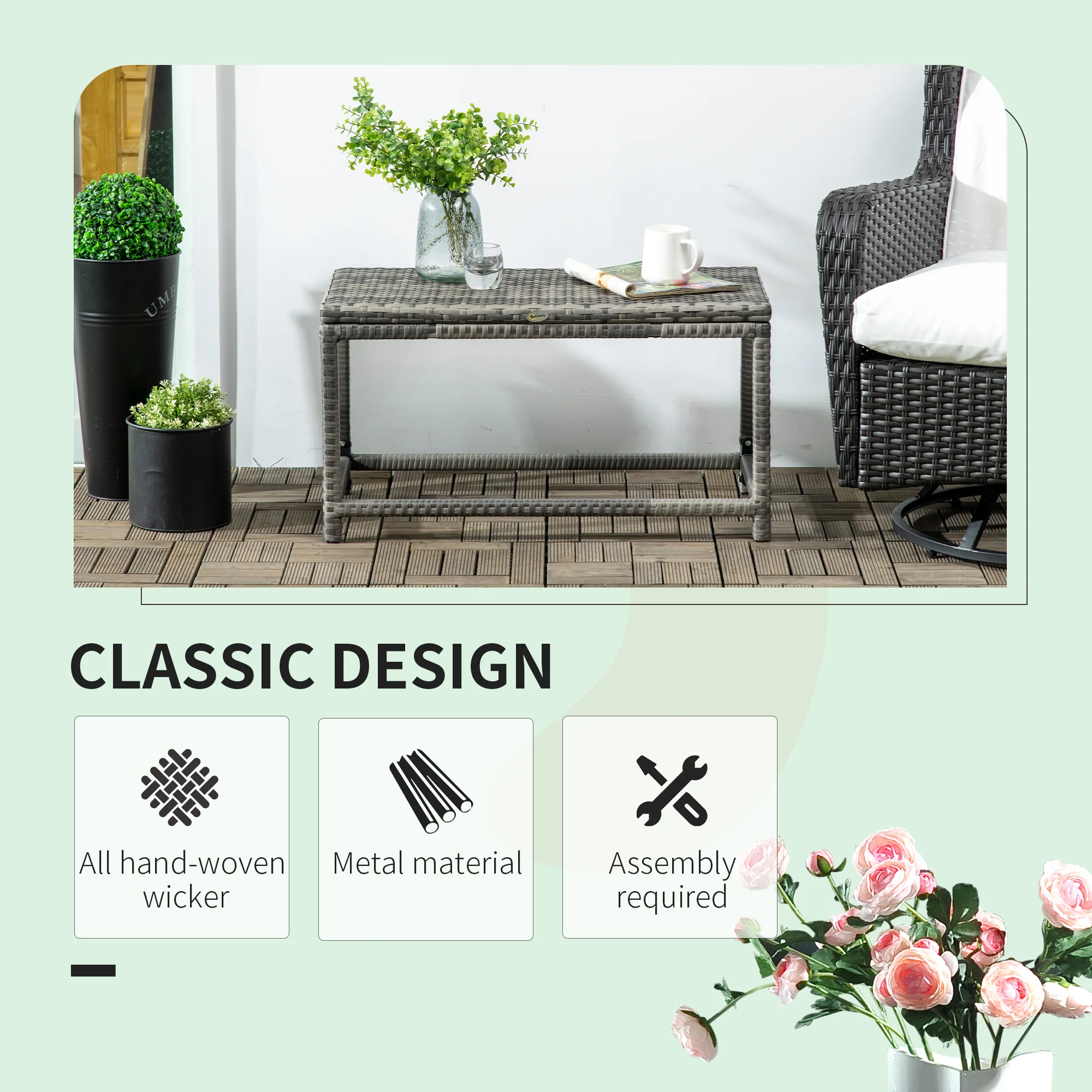 Outdoor Patio Rattan End Table with Full Woven Table Top for Garden, Balcony, Mixed Grey - Image 6