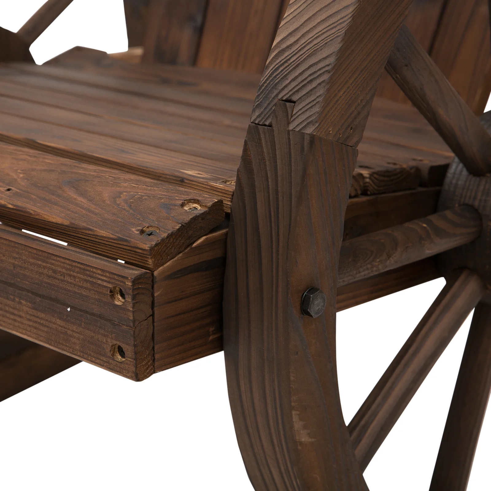 Patio Wooden Wagon Outdoor Rocker Chair with Slatted Design & Wheel Armrests, Carbonized - Image 10