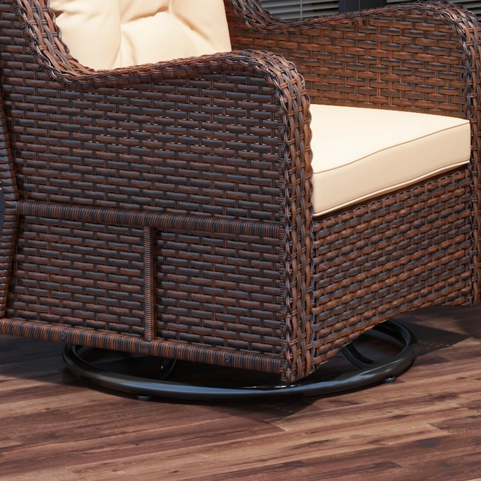 360° Swivel Patio Chair with Cushion & Armrest, PE Rattan Patio Wicker Chair, Brown - Image 11
