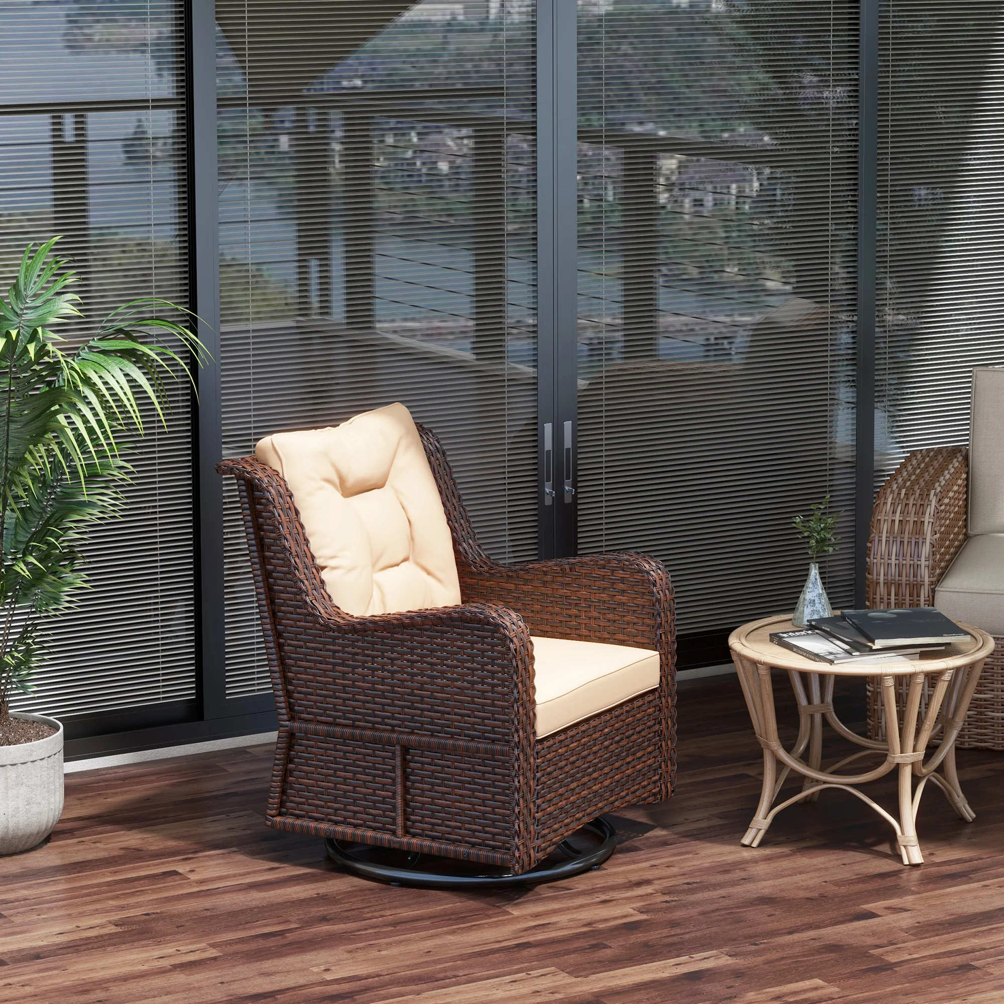 360° Swivel Patio Chair with Cushion & Armrest, PE Rattan Patio Wicker Chair, Brown - Image 4