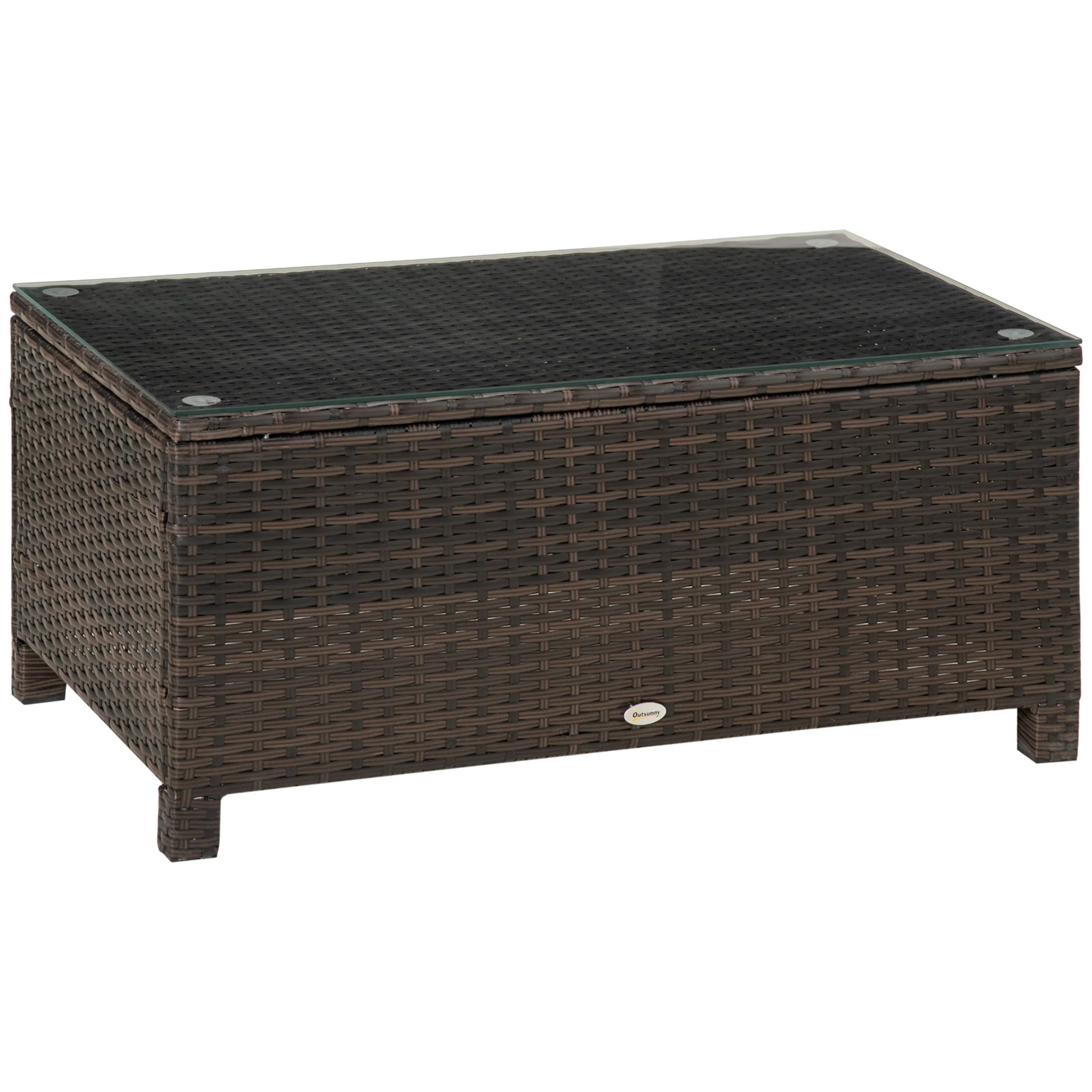 Rectangular Rattan Coffee Table with Tempered Glass Top for Garden, Patio, Mixed Brown
