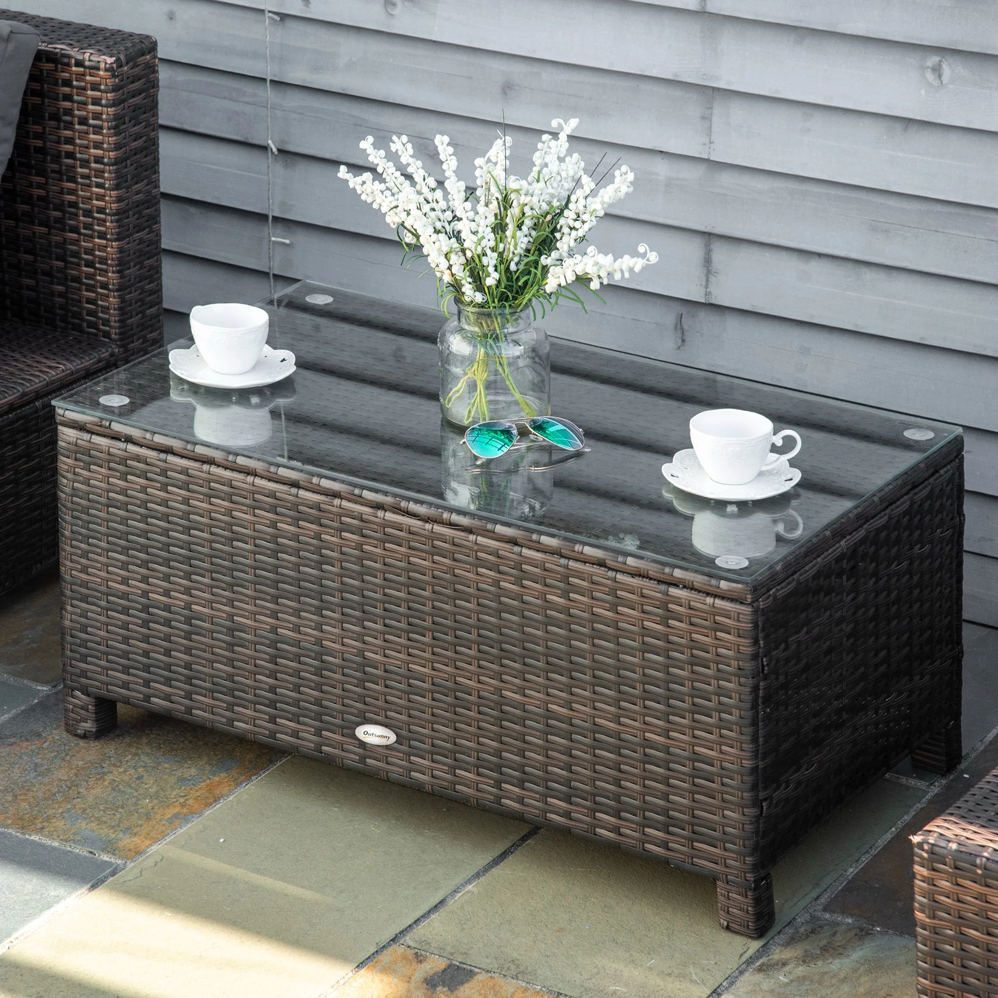 Rectangular Rattan Coffee Table with Tempered Glass Top for Garden, Patio, Mixed Brown - Image 3