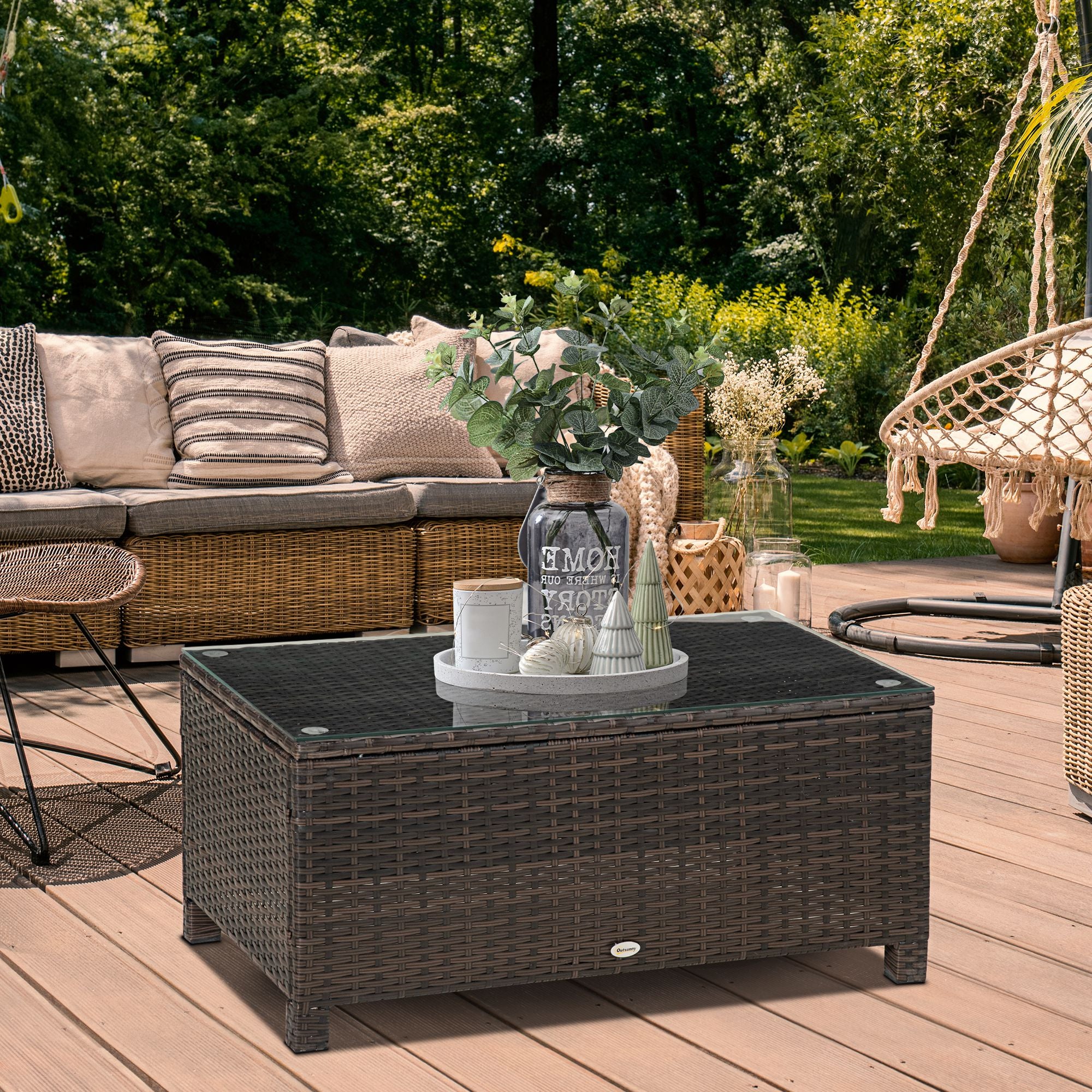 Rectangular Rattan Coffee Table with Tempered Glass Top for Garden, Patio, Mixed Brown - Image 4