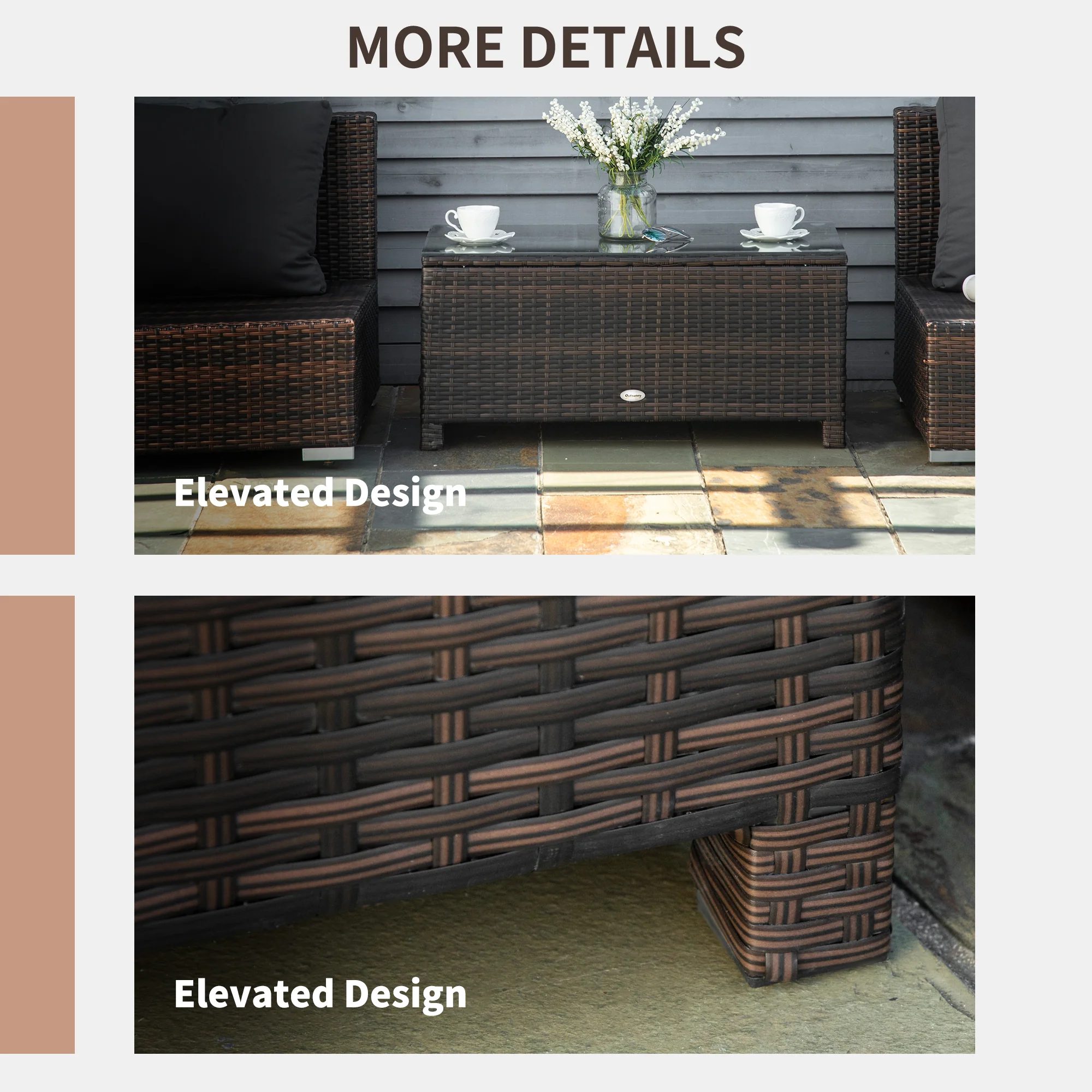 Rectangular Rattan Coffee Table with Tempered Glass Top for Garden, Patio, Mixed Brown - Image 6