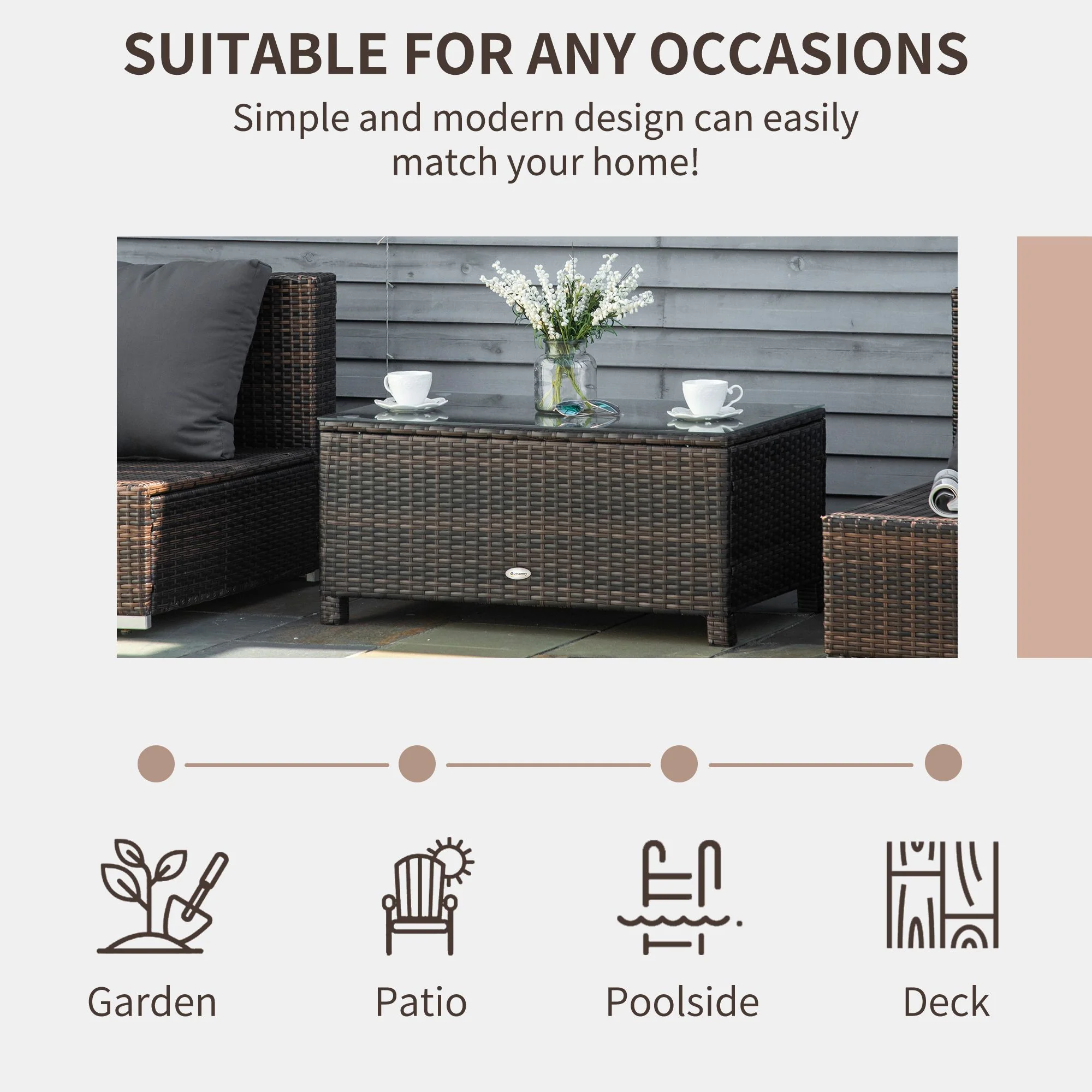 Rectangular Rattan Coffee Table with Tempered Glass Top for Garden, Patio, Mixed Brown - Image 8