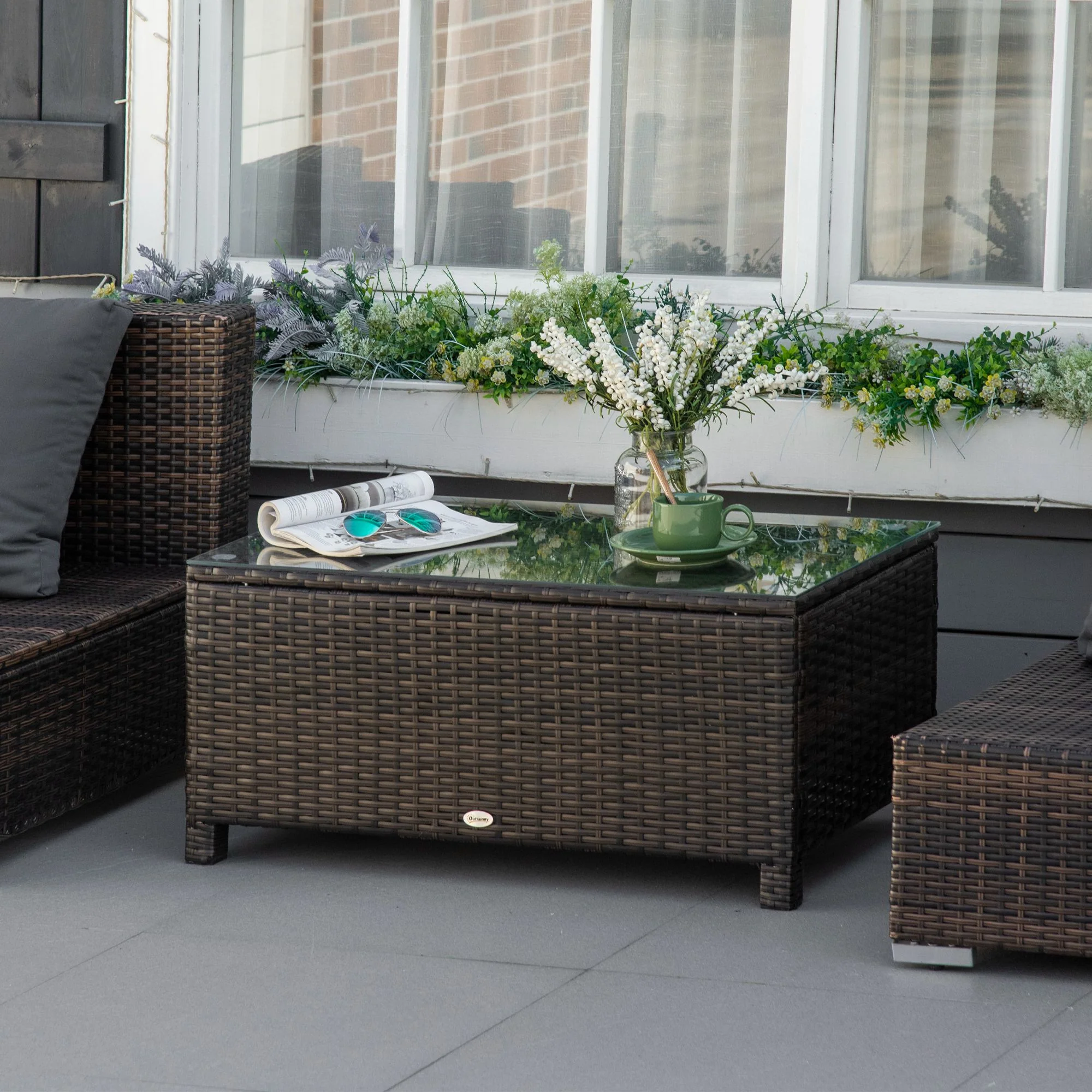 Rectangular Rattan Coffee Table with Tempered Glass Top for Garden, Patio, Mixed Brown - Image 9