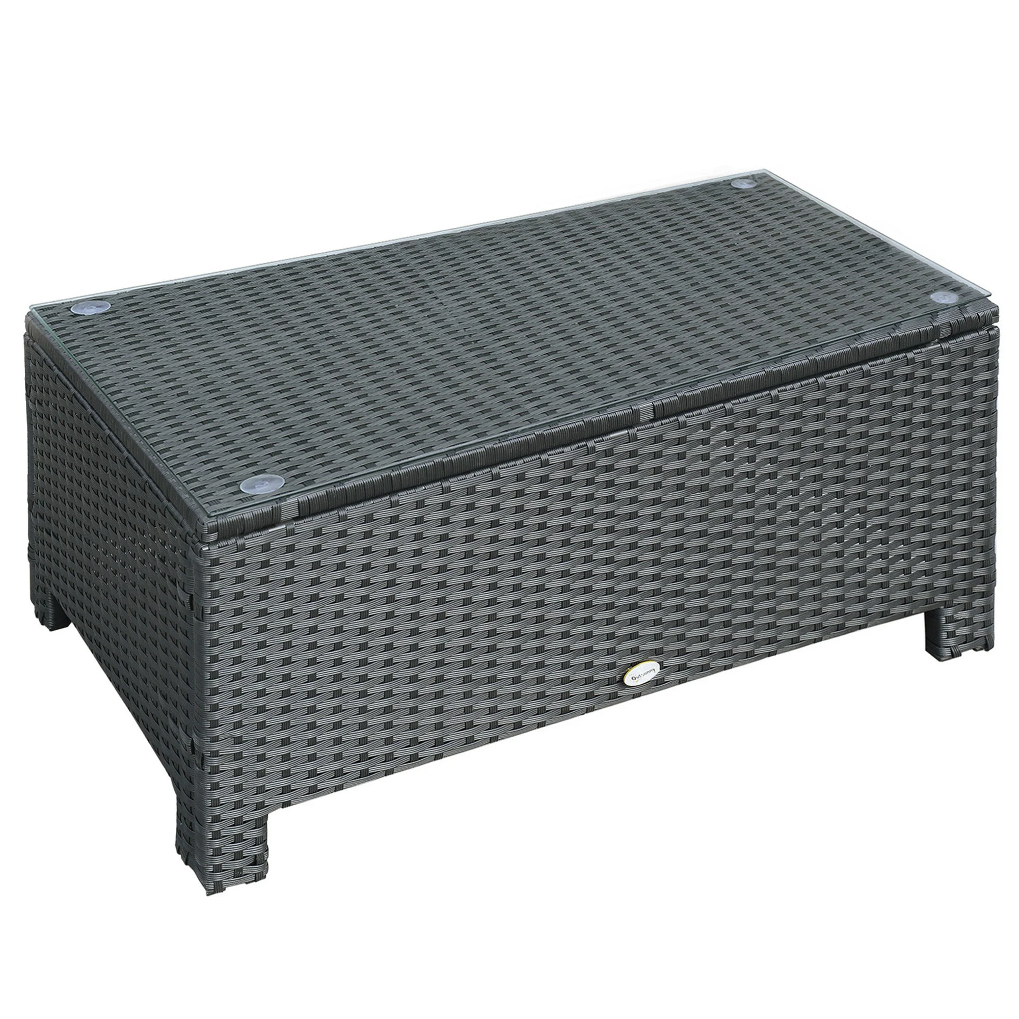 Rectangular Rattan Coffee Table with Tempered Glass Top for Garden, Patio, Black