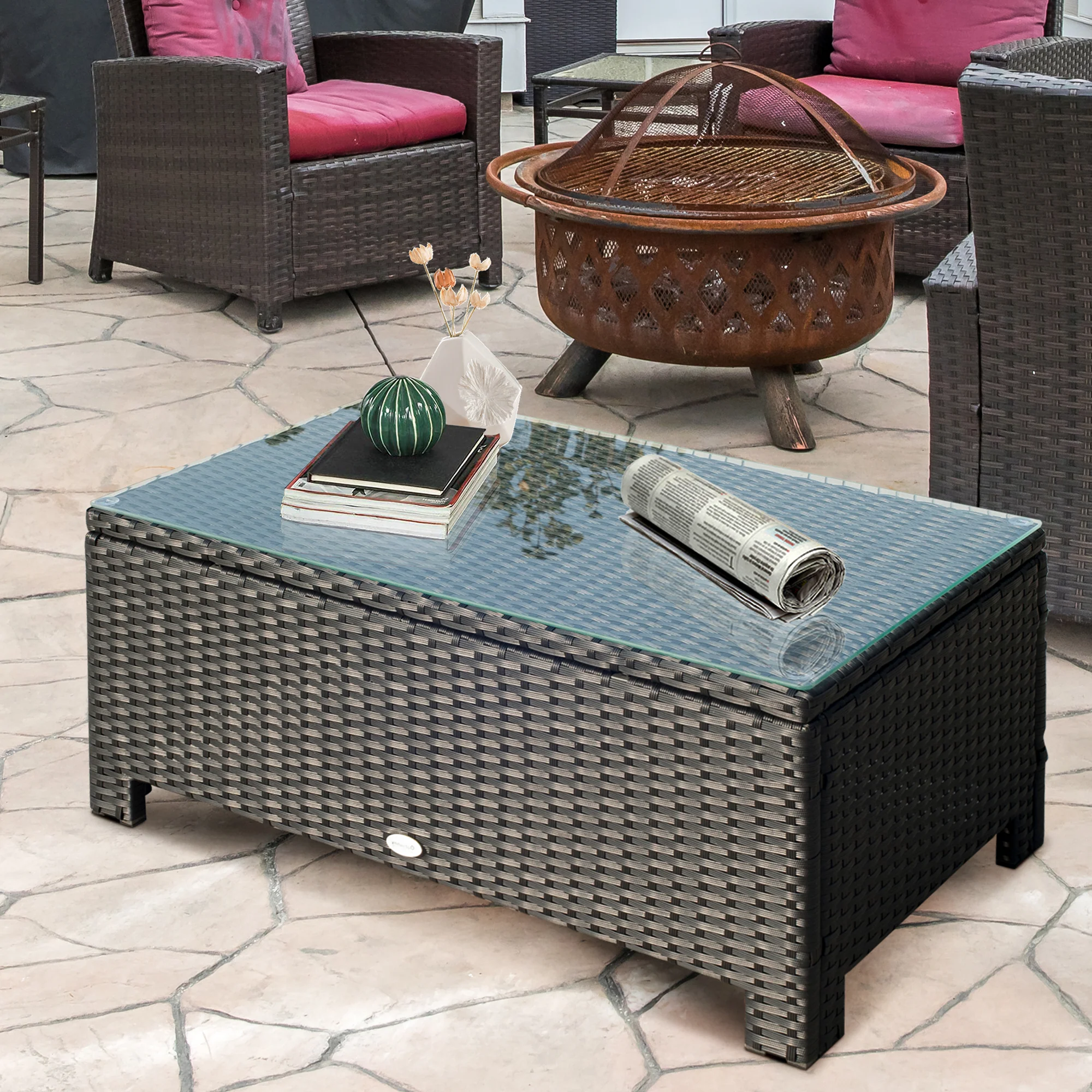 Rectangular Rattan Coffee Table with Tempered Glass Top for Garden, Patio, Black - Image 3