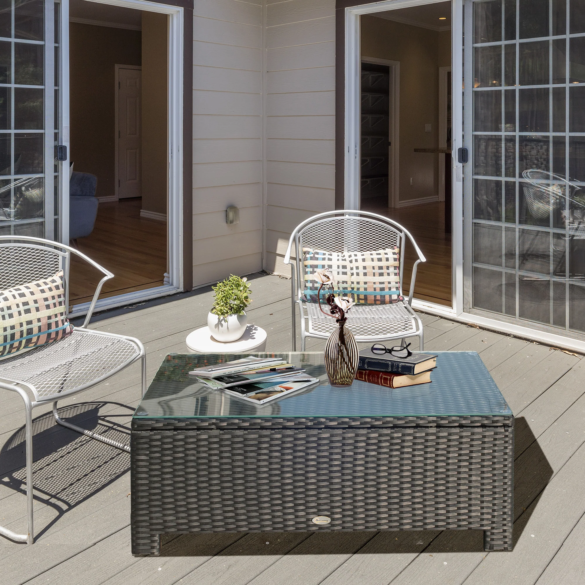 Rectangular Rattan Coffee Table with Tempered Glass Top for Garden, Patio, Black - Image 4