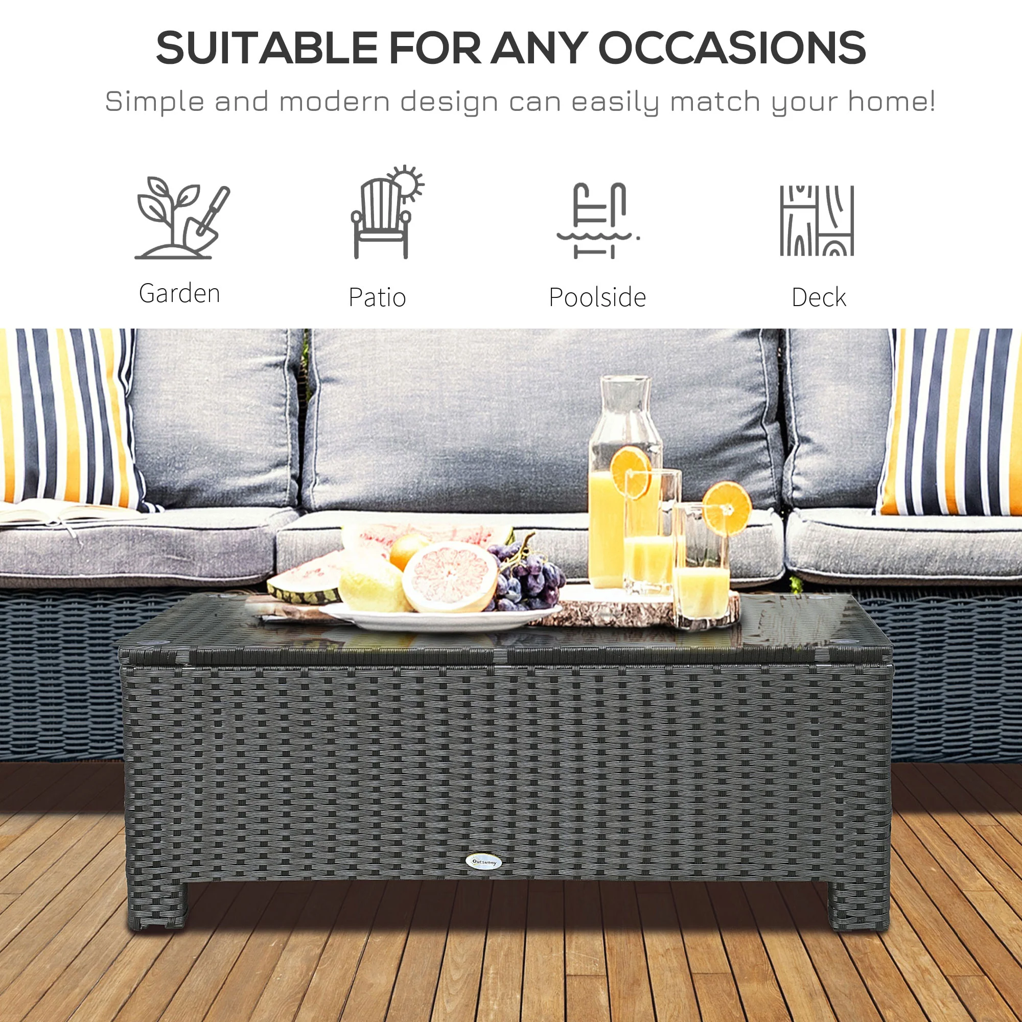 Rectangular Rattan Coffee Table with Tempered Glass Top for Garden, Patio, Black - Image 6