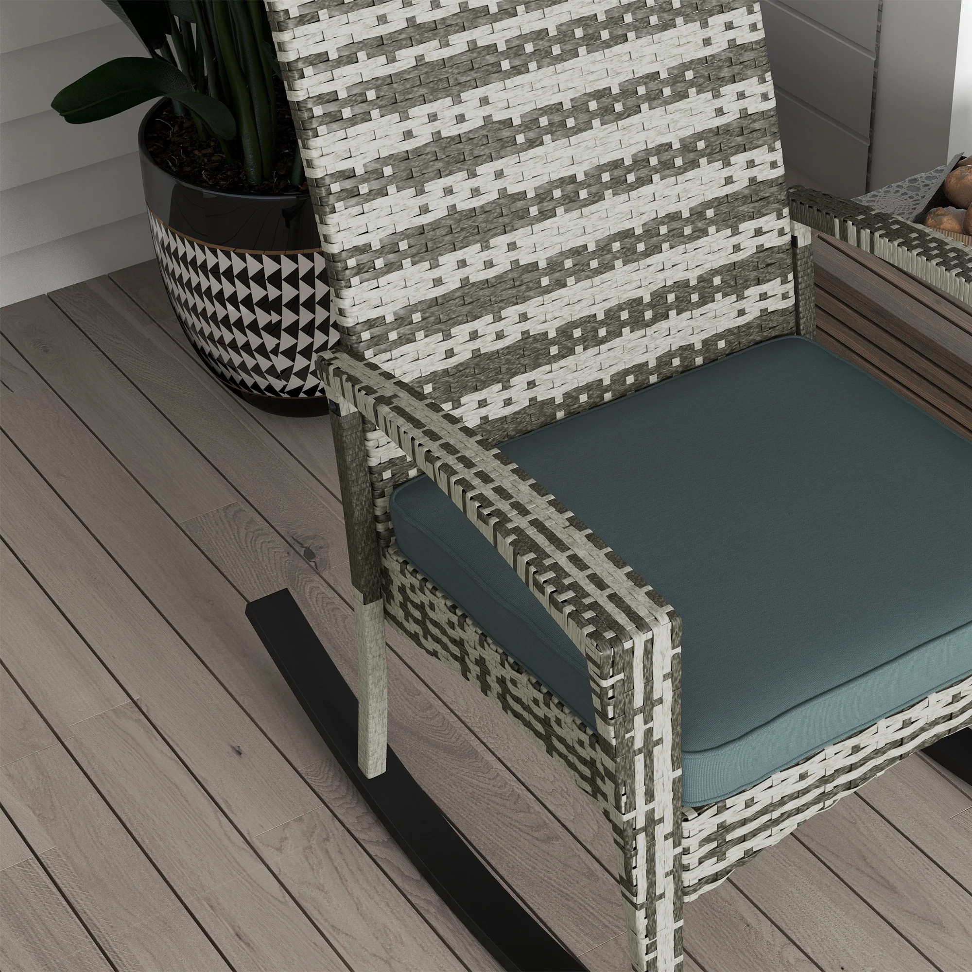 PE Rattan Garden Rocking Chair w/ Metal Frame, Wicker Porch Armchair Rocker, Light Grey - Image 10